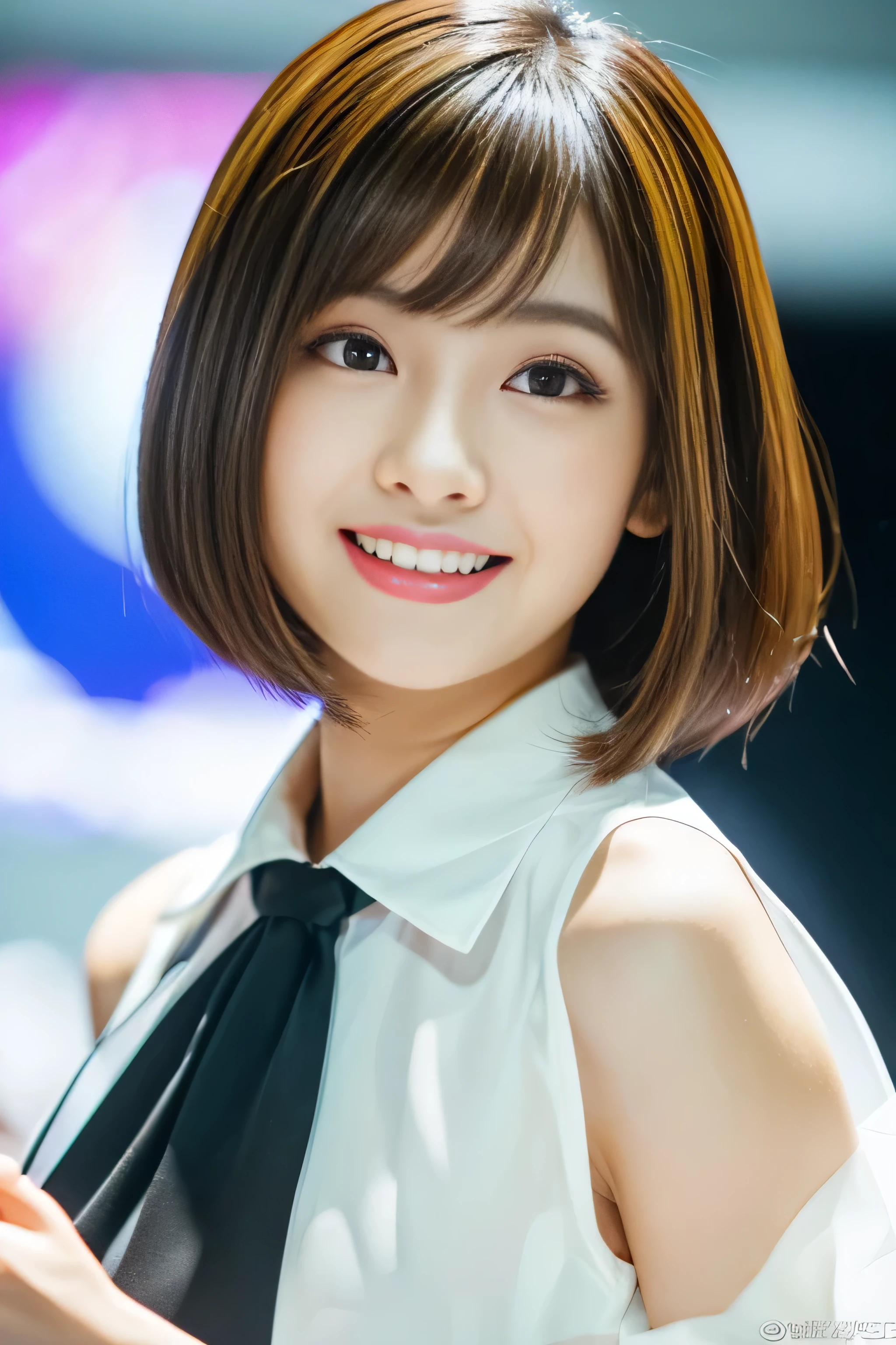 (The background is a pure white wall:1.Photo of 8 from the neck up)　(One of the most beautiful 24-year-old women in Japan)　(She is smiling at the audience with a very happy expression.)　((Her hair is incredibly straight、Very shiny and silky beautiful、Very detailed, thin and very thick light brown bob cut))　(from above)　((highest quality)), ((masterpiece)), (Familiar)　(Get used to it)　Perfect Face　(Her skin is a typical Japanese skin color..、Very detailed)　　(big breasts)　(She&#39;s wearing a shiny white silk shirt)　(She has a beautiful face with slender, narrow eyes.)　(Her bangs Well-organized)　(She has perfect beautiful makeup　Lipstick is light red　A solid eyeliner)　((Rich 1.4))　(Extremely detailed 8K)　(Stable diffusion model)　(Ultra-fine skin texture 1.4)　(Actual, Vibrant:1.4), double eyelid　Sharp focus:1.2、Beautiful woman:1.4　Dynamic Lighting　(Genuine RAW photos taken by professional photographers)　　(Her long bangs, Reaching up to her eyes, Well-organized)　(Turn your whole body towards the viewer)　Professionally light her from the front　