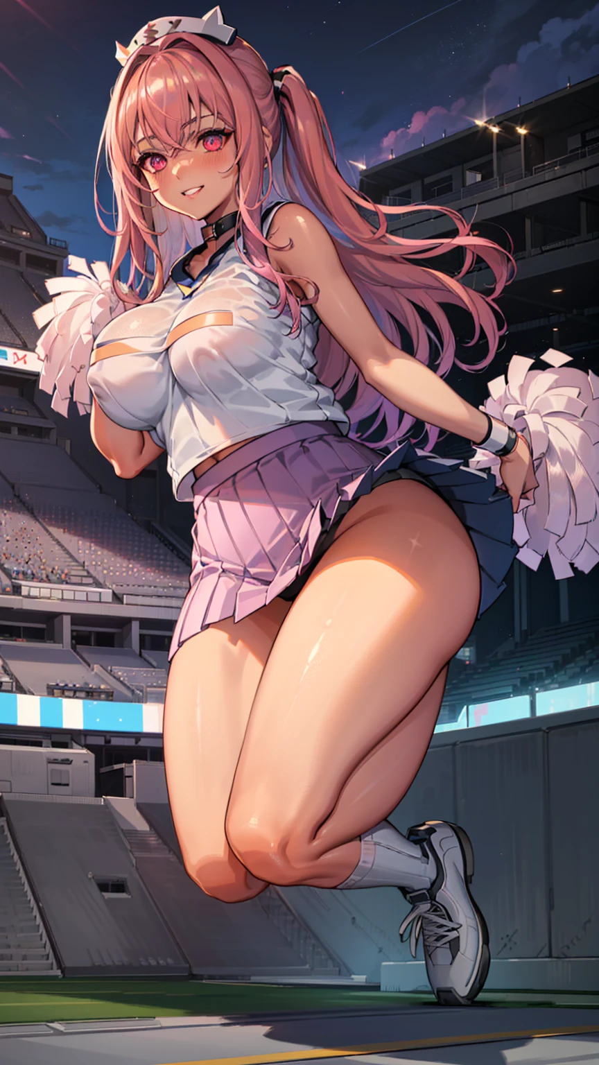 ((highly detailed)), ((nikke)), ((pepper: 1.2)), perfect human hands, (great breast:1.1),masterpiece, best quality, ultra-detailed, glistening shiny, glowing light, ray tracing, HDR, deph of field, (perfect face, detailed face, detailed eyes,perfect hands,perfect fingeredium :1.2),8k,HD,ultra realistic face,ray tracing,perfect lighting,best quality, ultra-detailed, shiny eyes, ( smile:1.1), ((1girl:1.2)),cowboy shot,thicc,streaked_hair,((pink gradient hair)),multicolored eyes, gradient eyes, red eyes, (glowing eyes:1.5), mascara, (fashion make up), (parted lips,blush, detailed face, cheerleader, (((stadium))), cheerleading ,dark blue sky),((super detailed background))),((super detailed background)), dynamic poses, ((8k wallpaper)), (mature female), black thighhighs, gigantic sagging breast, standing, (((lifting up skirt:1.4))), (((cheerleader outfit))), (((pom poms in hands))), (((jumping: 1.2))), (((pepper inside a stadium))), (((cheerleader shirt)))