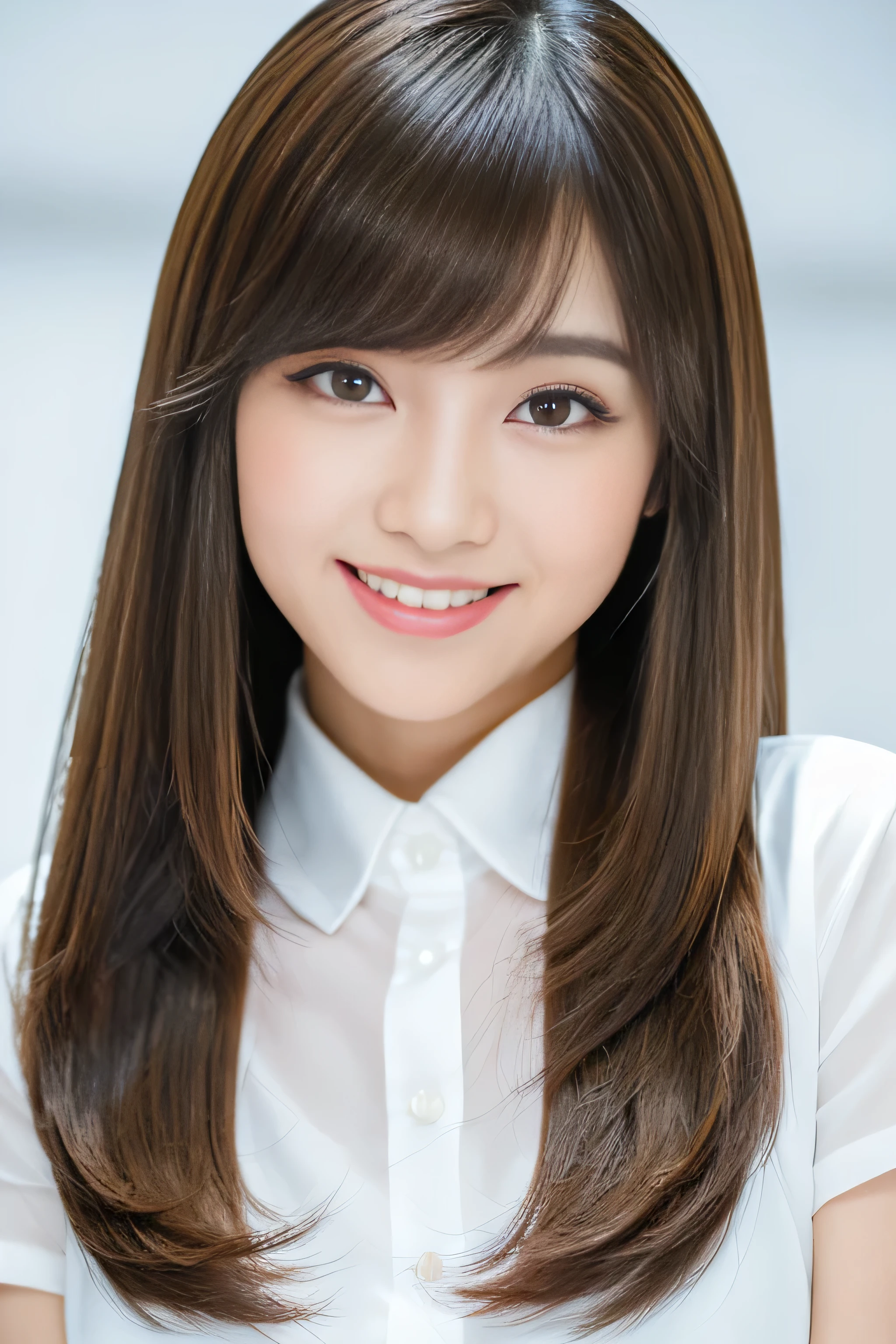 (The background is a pure white wall:1.Photo of 8 from the neck up)　(One of the most beautiful 24-year-old women in Japan)　(She is smiling at the audience with a very happy expression.)　((Her hair is incredibly straight、Very shiny and silky beautiful、Very detailed, thin and very thick light brown bob cut))　(from above)　((highest quality)), ((masterpiece)), (Familiar)　(Get used to it)　Perfect Face　(Her skin is a typical Japanese skin color..、Very detailed)　　(big breasts)　(She&#39;s wearing a shiny white silk shirt)　(She has a beautiful face with slender, narrow eyes.)　(Her bangs Well-organized)　(She has perfect beautiful makeup　Lipstick is light red　A solid eyeliner)　((Rich 1.4))　(Extremely detailed 8K)　(Stable diffusion model)　(Ultra-fine skin texture 1.4)　(Actual, Vibrant:1.4), double eyelid　Sharp focus:1.2、Beautiful woman:1.4　Dynamic Lighting　(Genuine RAW photos taken by professional photographers)　　(Her long bangs, Reaching up to her eyes, Well-organized)　(Turn your whole body towards the viewer)　Professionally light her from the front　