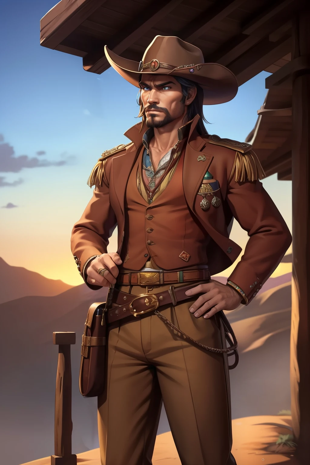 (masterpiece: 1.1)
(Best quality at best: 1.3)
(Very detailed CG unity 8K wallpaper: 1.4)
(Best quality at best: 1.5)
(The best illustrations: 1.6)
In the wild semi-desert of the Western Bank, where the sun sets painting the sky with hues of orange and red, a robber cowboy is depicted as a masterpiece. His intricately designed clothes, adorned with intricate patterns, are a sight to behold, revealing his outlaw profile. Moneybags slung over his hip, he commands the isometric 3D setting