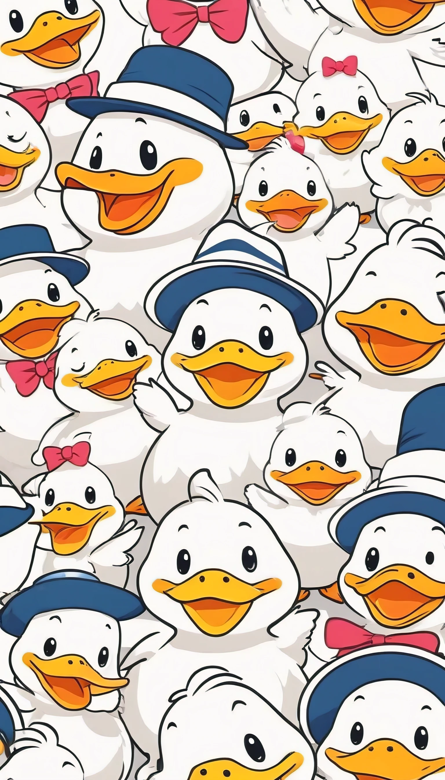 A cute and simple cartoon design featuring many duck characters each wearing different hats and with happy expressions on their faces, in the style of Sanrio's characters. The white background creates an atmosphere full of cuteness and joy. This artwork will be used as wallpaper for mobile phones. It should have bold outlines to emphasize its simplicity