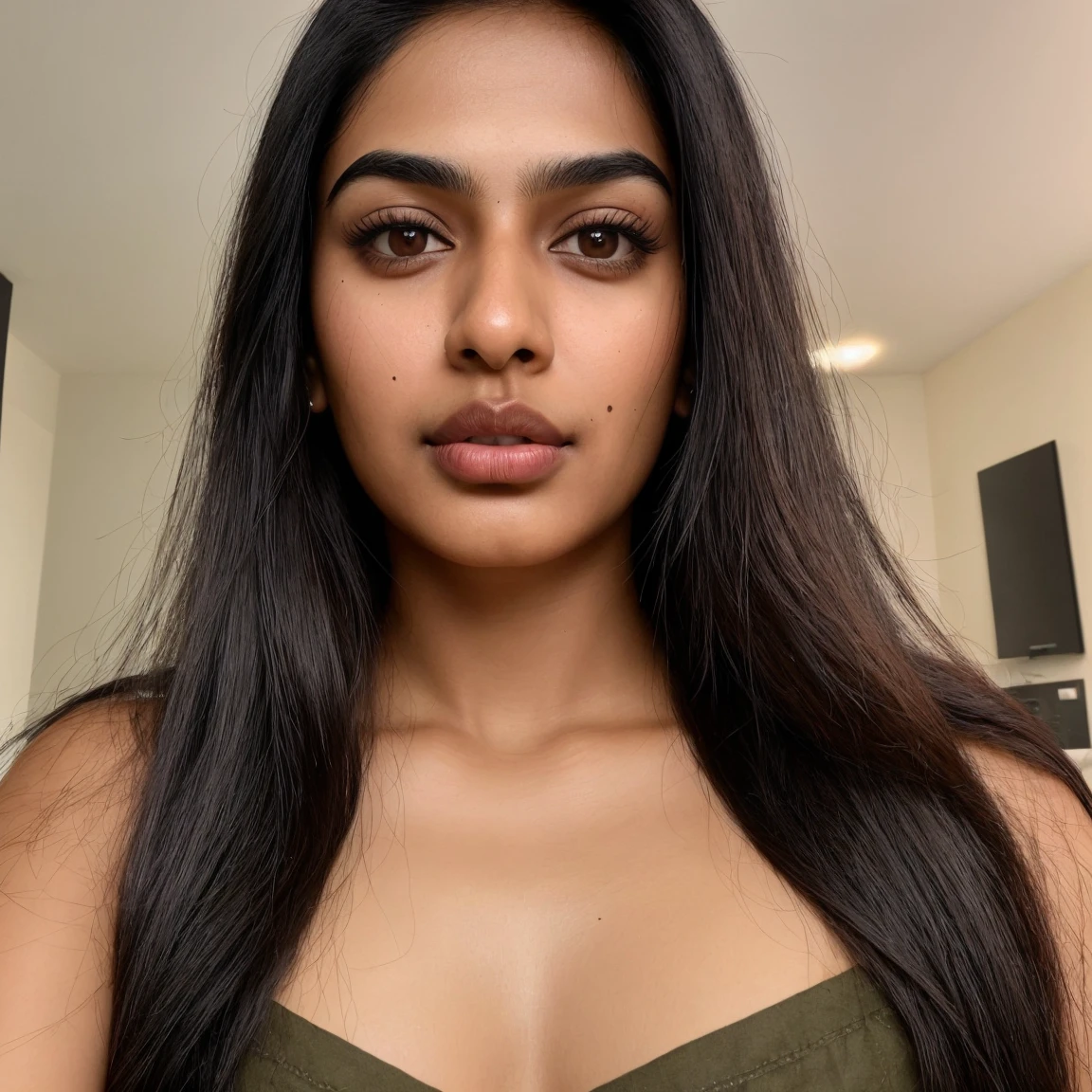 Instagram photo of an Indian-Australian, 21 years, Sleek black hair, straight cascade, deep brown eyes, expressive, captivating, thick eyebrows, heart-shaped face, defined cheekbones, warm olive complexion, full lips, naturally rosy,