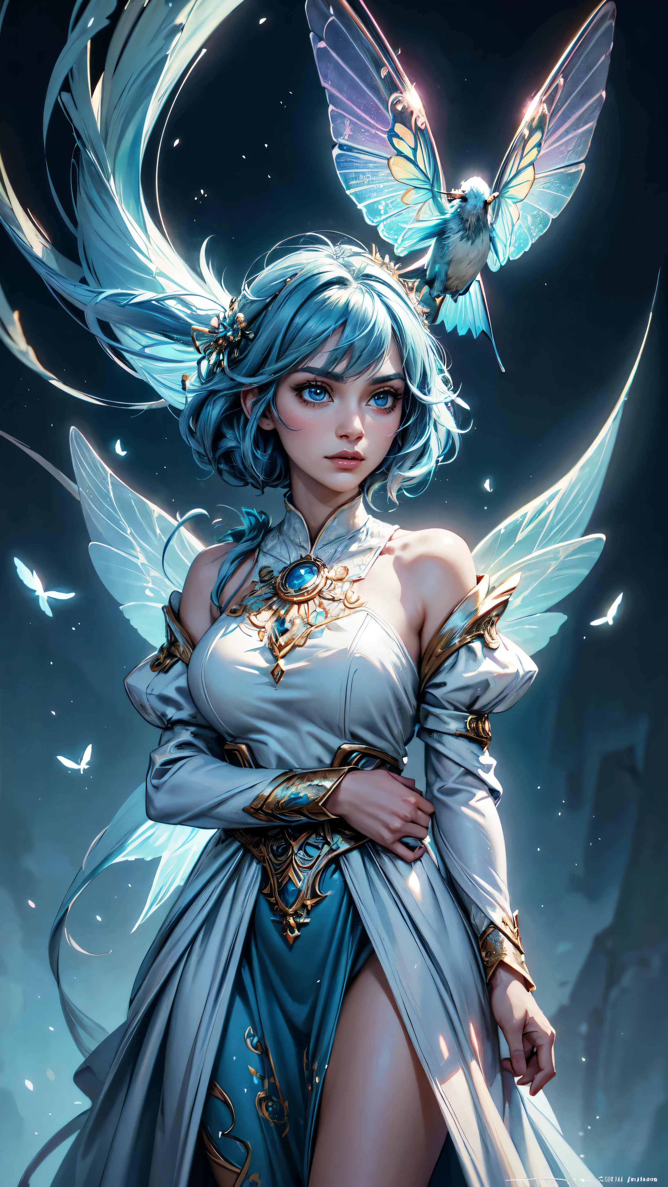 (((Masterpiece))), (((Best quality))), ((Ultra-detailed)),(Highly detailed CG illustration), ((An extremely delicate and beautiful)),Cinematic light, Create stunning fantasy artwork,Imitate the style of the currently popular genre masters. The artwork should contain elements of mythological fantasy and fairy tale fantasy,And with a colorful accent. ((Various shades of blue and watercolor pastels are used as the main color scheme.)) The character in the work is a delicate but strong character,Exudes an aura of mystery and magic. Pay close attention to intricate facial features, For example, captivating eyes with bright colors and bold shadows. The character's clothes should be designed with gossamer feathers, Silk, Amazing embroidery, and subtle iridescent details. Blend in dreamy colors, Dynamic lighting, and detailed background elements,Create a sense of awe and immersion. These include colorful flying magical birds and jewel-hued butterflies that exude magical halos. Consider the latest trends in fantasy art, such as incorporating unique lighting effects, Explore dynamic and compelling compositional techniques, And try a unique color palette. Take inspiration from top artists on ArtStation and Midjourney. camera: Choose an angle that highlights the beauty of the characters and enhances the magical majesty of the artwork. lighting: Create depth and atmosphere with atmospheric lighting technology. Resolution: Aim for high-resolution artwork,to showcase intricate detail and clarity. Artistic inspiration: Get inspiration from popular artists on ArtStation, Explore different styles, genre, and the theme