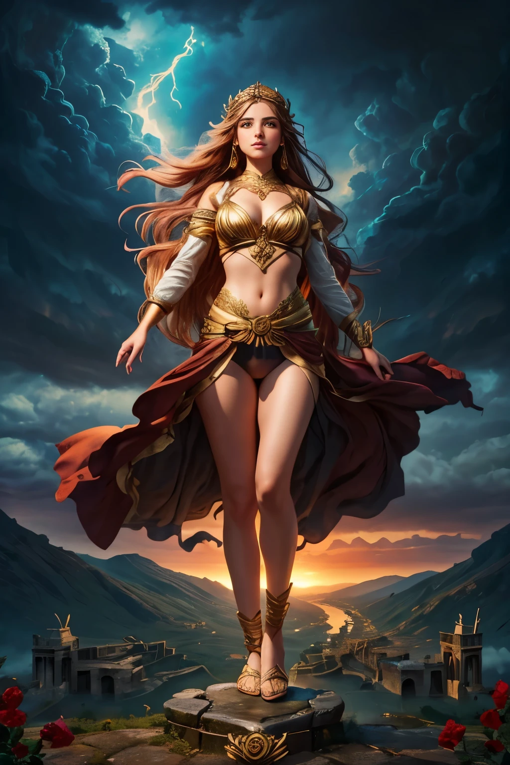 Surreal art of a beautiful woman embodying the goddess of the sky, standing on an ancient ruin wall, her long brown hair with bright golden locks fluttering in the stormy air as the spectacular setting sun paints the sky with red clouds. Dark clouds intertwined with lightning and a gentle drizzle, watercolor style masterpiece with an effect that creates a stormy sky, transparent swimsuit underwear, ancient Greek city blurred in the distance, ancient city in the distant fog, girl on high mountain to see the valley, goddess dressed in gold jewelry, a girl from the front looking to the side, poses on a stone wall covered with ivy, stands on a stone wall, 8k resolution, high quality art, pose of a lady in motion, elegant, high quality film poster, overexposure of elements, fracture, girl on high mountain observing the distant valley,