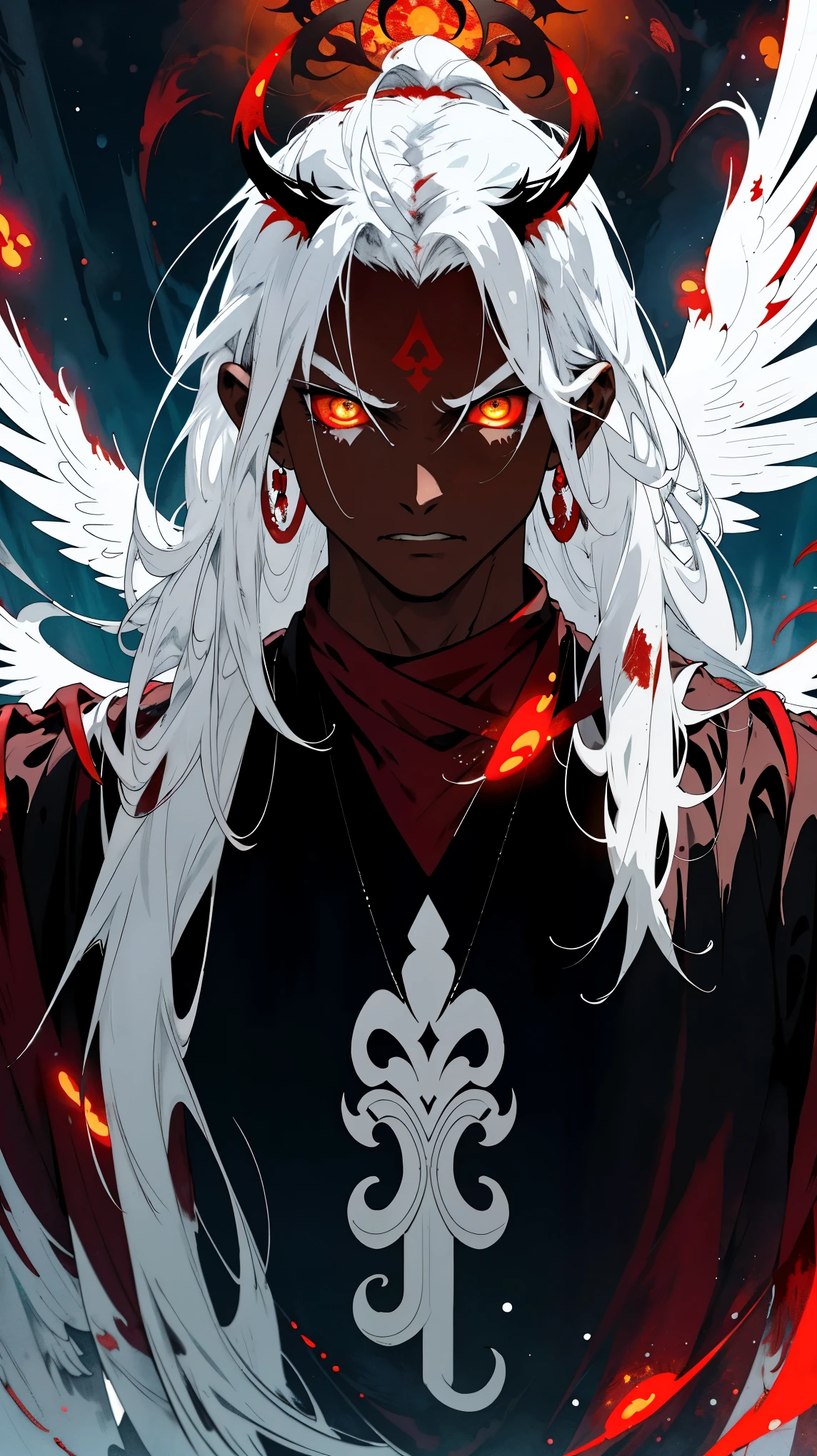 "(best quality,highres), imposing terrifying alien tengu,3-meter-tall,body covered in red-hot skin,long white hair flowing in the wind,angelic white feather wings,adorned with a Buddhist monk's outfit,volatile,aggressive,ruthless,feathers fluttering in rage,glowing red eyes piercing through the darkness,intimidating presence,demonic aura,menacing claws,sharp fangs,giant wings casting shadow on the ground,dark and eerie atmosphere,fiery sparks surrounding its body,ominous and otherworldly,thunder crackling in the background,overwhelming power and strength"