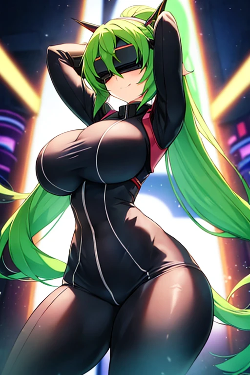 1girl, green hair, vr visors, visors, head-mounted display, ((covered eyes)), covered eyes, bodysuit, black bodysuit, science-fiction, machinery, futuristic, tech, neon, neon trim, large breasts, thick thighs, wide hips, swaying hips, hip sway, sway, arms behind back, arms up, smile,, anime screencap, ((anime screencap)), anime style, ((anime style)), 2d, bouncing breasts, ((bouncing breasts))
