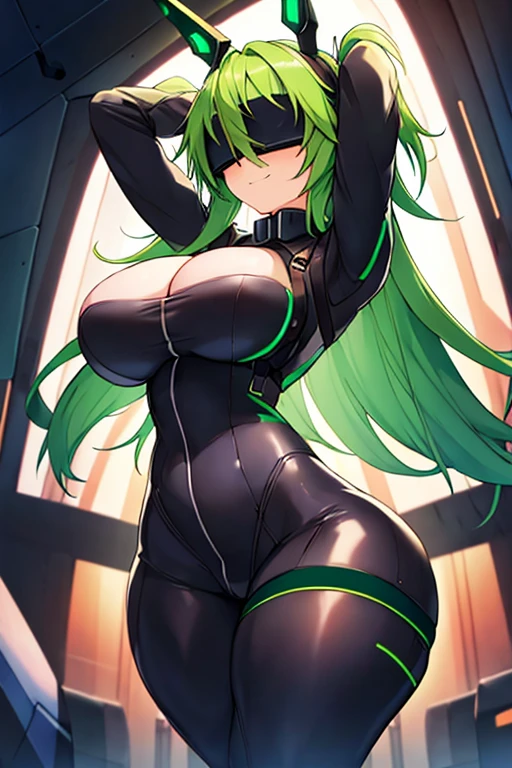 1girl, green hair, vr visors, visors, head-mounted display, ((covered eyes)), covered eyes, bodysuit, black bodysuit, science-fiction, machinery, futuristic, tech, neon, neon trim, large breasts, thick thighs, wide hips, swaying hips, hip sway, sway, arms behind back, arms up, smile,, anime screencap, ((anime screencap)), anime style, ((anime style)), 2d, bouncing breasts, ((bouncing breasts))