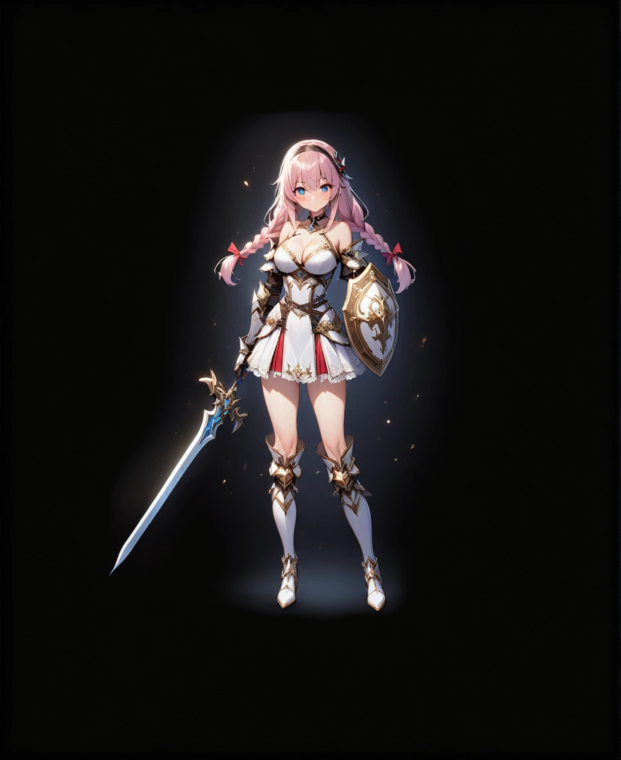 masterpiece, best quality, 1girl, weapon, solo, sword, blue-eyes, long-hair, braid, boots, shield, pink-hair, breasts, twin-braids, smile, open-mouth, cleavage, black-background, choker, large-breasts, full-body, bare-shoulders, looking-at-viewer, simple-background, hairband, blush, armor, gloves, dress, knee-boots, medium-breasts, standing, Perfect face