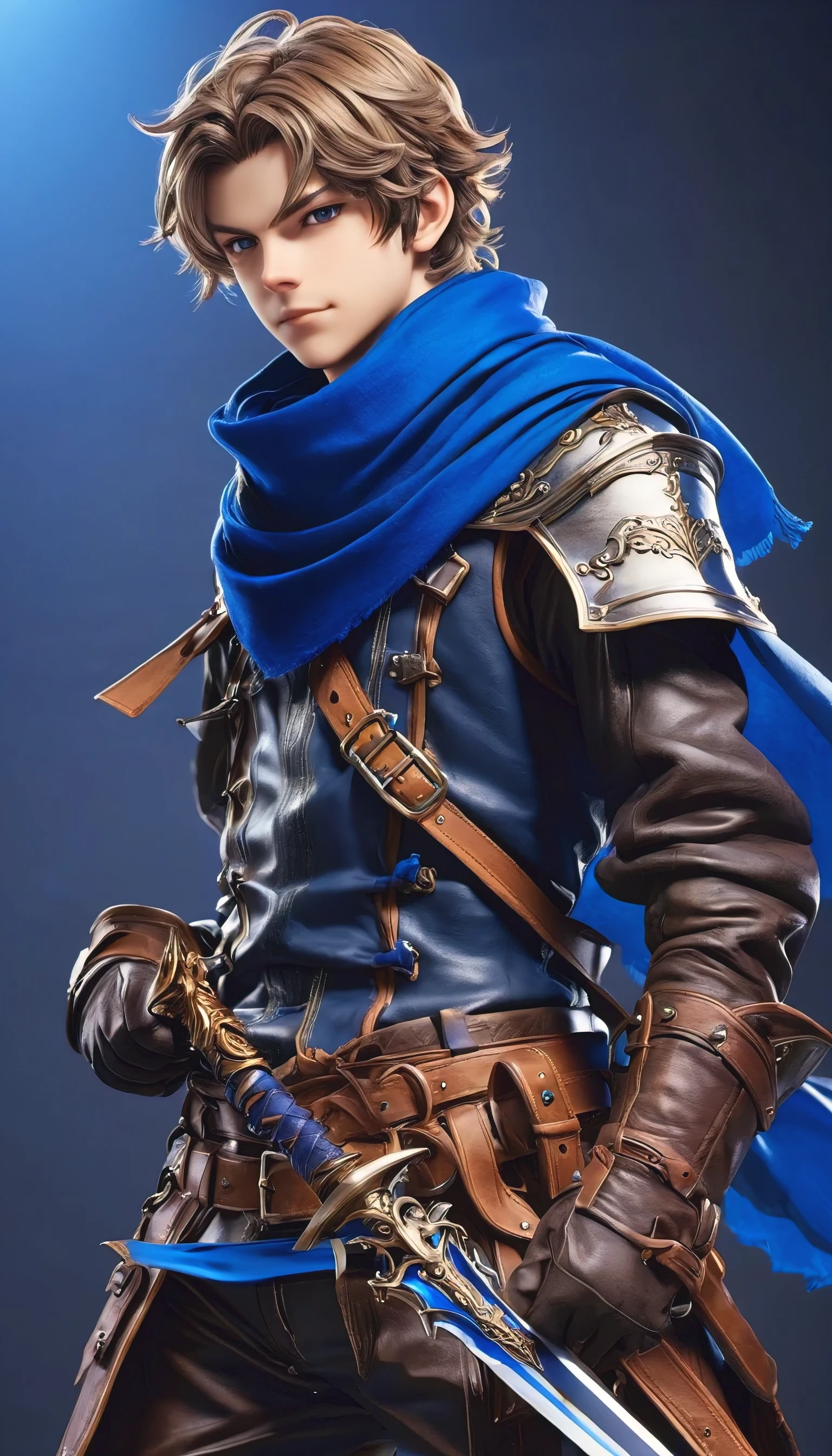 Granblue Fantasy style. High detail. A young squire, wearing leather clothing with blue scarf. weilding a sword. anime, manga, epic fantasy, medival clothing, colorful, studio lighting