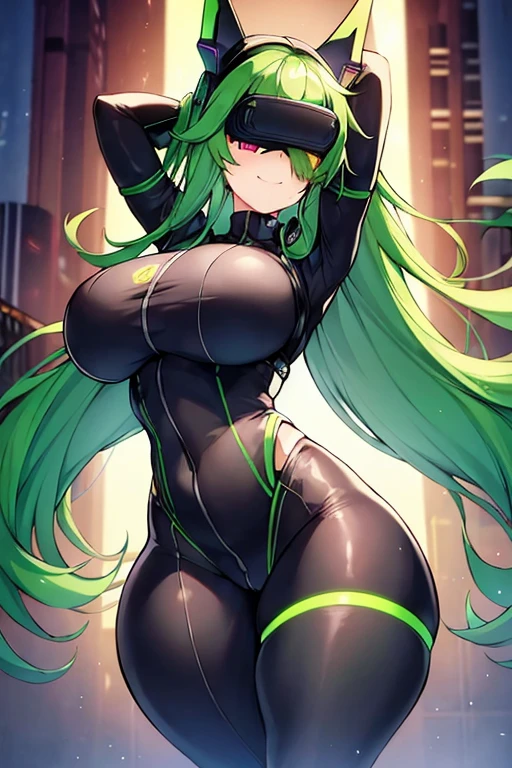 1girl, green hair, vr visors, visors, head-mounted display, ((covered eyes)), covered eyes, bodysuit, black bodysuit, science-fiction, machinery, futuristic, tech, neon, neon trim, large breasts, thick thighs, wide hips, swaying hips, hip sway, sway, arms behind back, arms up, smile, anime style, anime screencap, 2d, ((bouncing breasts)), bouncing breasts,