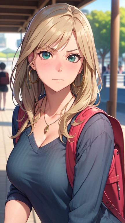 masterpiece, best quality, high resolution, UHD, RTX, pixel perfect, depth of field, 4k, highly detailed, 1 girl, single, solo, beautiful anime girls, beautiful art style, anime characters, long hair, open bangs, middle hair bangs part, dark blonde hair, green eyes:1.4, round eyes, beautiful eyelashes, realistic eyes, detailed face, blush:1.2, fine texture:0.75, realistic texture:0.65, photorealistic:1.1, CG anime style, bright color, breasts medium, cleavage, busty, dynamic angle, perfect body, POV, dynamic pose, looking at the viewer, wearing a black sweater, long sleeves, jeans, bra visible through the sweater, fashionable, backpack, carrying cotton candy in one hand , 1 diamond necklace, hoop earrings, pouting, tsundere, shy, amusement park, leaning forward