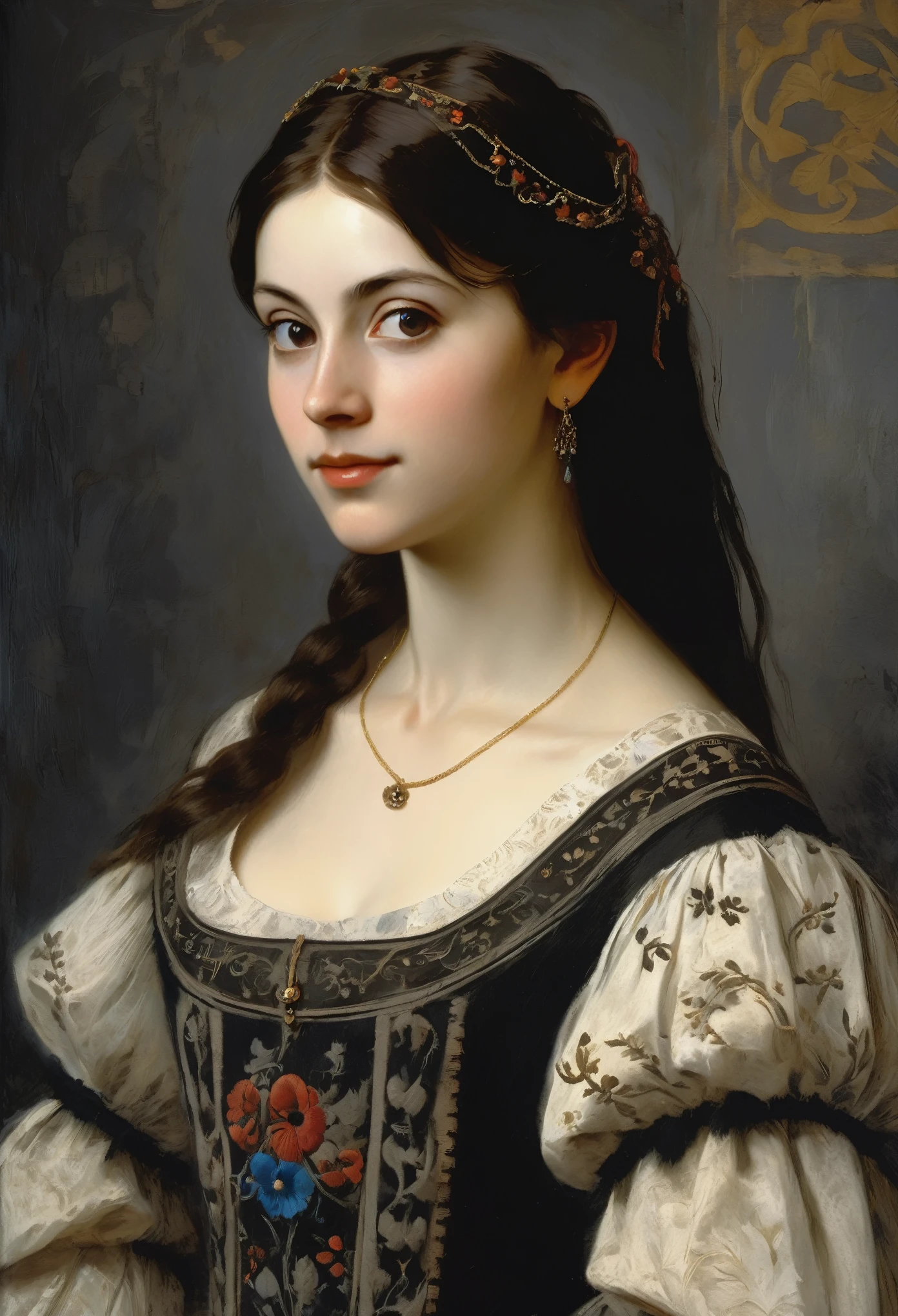 charming young brunette, a slight mysterious smile from the shoulder, a dress with embroidered patterns, 15 century,(Adolf Piot style)), The dark Renaissance, (fog, very scuffing), ((palette/oil painting palette knife)), ((masterpiece)), single shot, impression:1.2, extreme detail, perspective:1.33, 8k