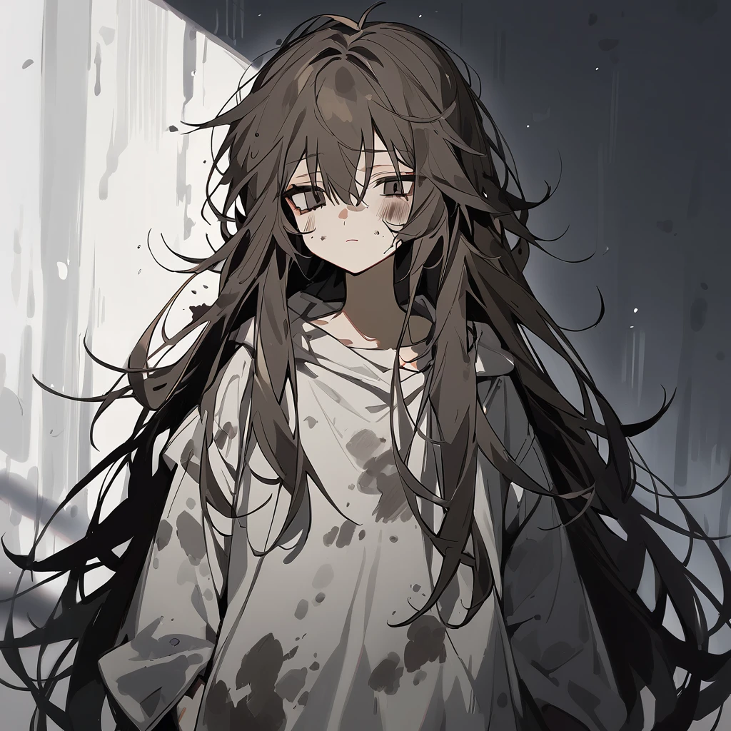 Baggy clothes, messy hair, dirty, long hair, gloomy expression, beautiful girl