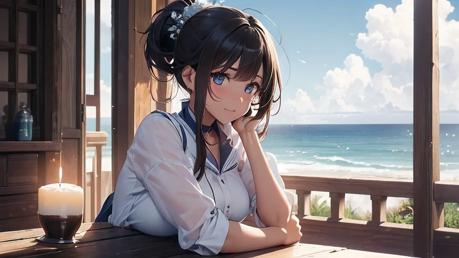 (8k, RAW foto, mejor calidad, (Obra maestra, super high quality, super detailed), anime style paisaje, chica joven, Absoluto, velas escarlatas, girl looking at the sea from the coast, camera looking at the sea, detalles intrincados, sailing ship with velas escarlatas, Una escena de una novela de Alexander Greene. "velas escarlatas" imagen de medio cuerpo, A beautiful women posing for a photograph in an alley, brown ponytail, golpes, risa feliz, blue eyes, Cuerpo magro musculoso, perfect anatomy, Looking to the camera, Time of the day, cielo azul, estilo animado, al aire libre, tendencia en artstation, Oh!, sakimichan muy sensual, con ropa original cuerpo entero, muy realista, extremadamente realista, extremadamente sexy, 8k, 8k extremadamente detallado), (un extremadamente delicado y hermoso), (obra maestra), (mejor calidad: 1.0), (ultra high resolution:1.0)