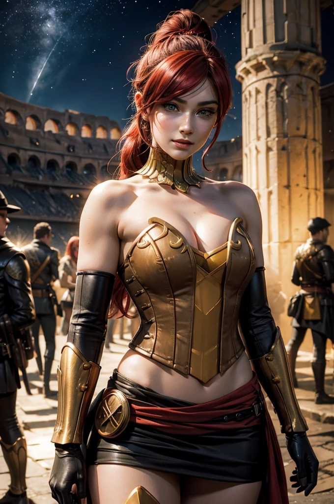 stunning girlfriend, heart shaped face, elegant face, beautiful face, highly detailed face, highly detailed skin, skin pores, subsurface scattering, realistic pupils, full lips, detailed background, depth of field, atmospheric perspective, volumetric lighting, sharp focus, absurdres, realistic proportions, good anatomy, (realistic, hyperrealistic:1.4), 16k hdr, ((best quality)), ((highly detailed)), absurdres, (detailed eyes, deep eyes), (1girl), full body, pyrrha nikos, rwby, red hair, ponytail, green eyes, medium breasts, smiling, circlet, bustier, bare shoulders, skirt, elbow gloves, bracers, armored boots, hands on hips, (night, stars, inside Colosseum, crowd, (crowd wearing traditional Greek clothing))