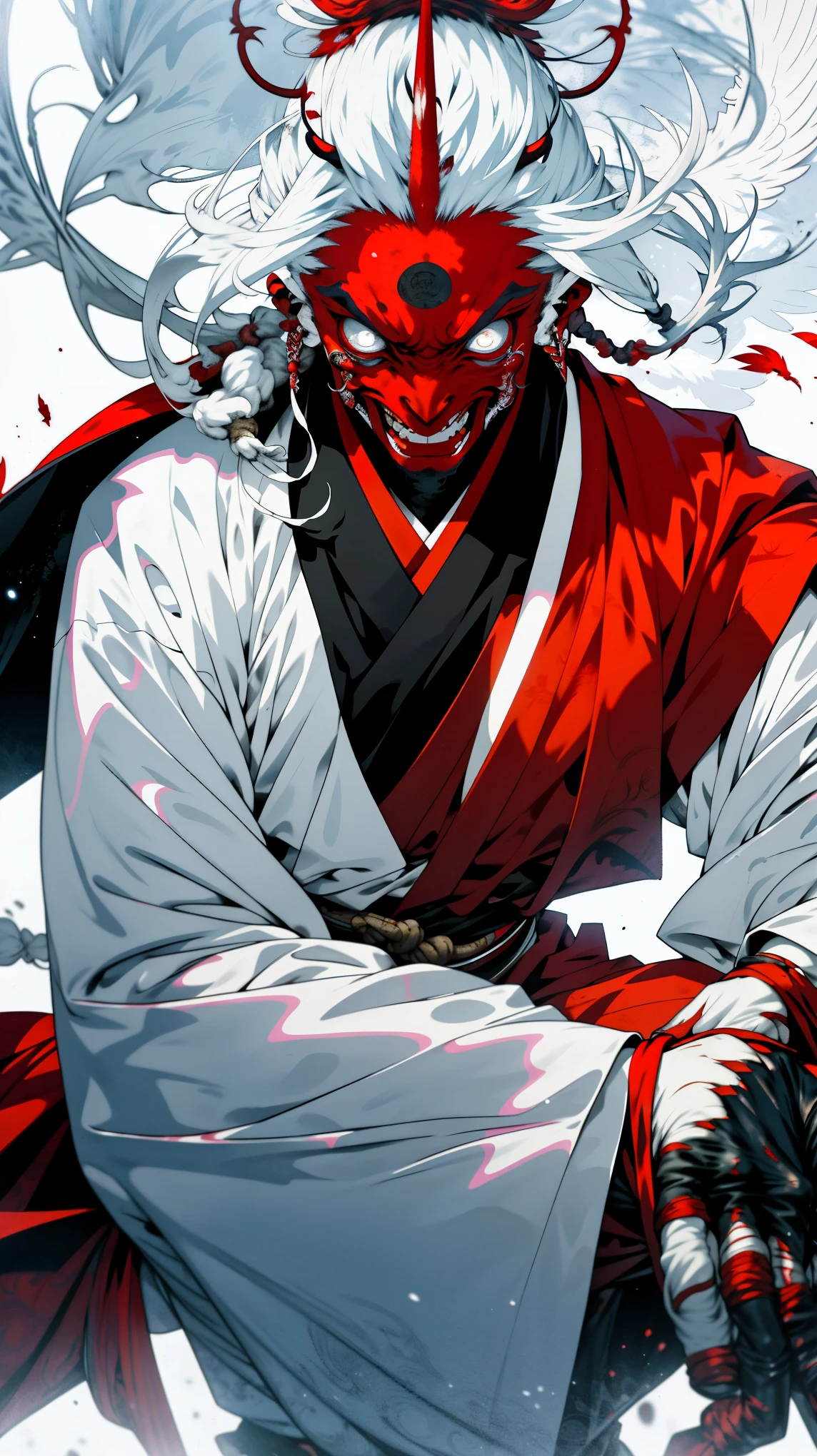 Imposing and terrifying alien tengu, it is 3 meters tall, has red-hot skin, long white hair, angelic white feather wings, and is adorned with a Buddhist monk's outfit, volatile, aggressive and ruthless.