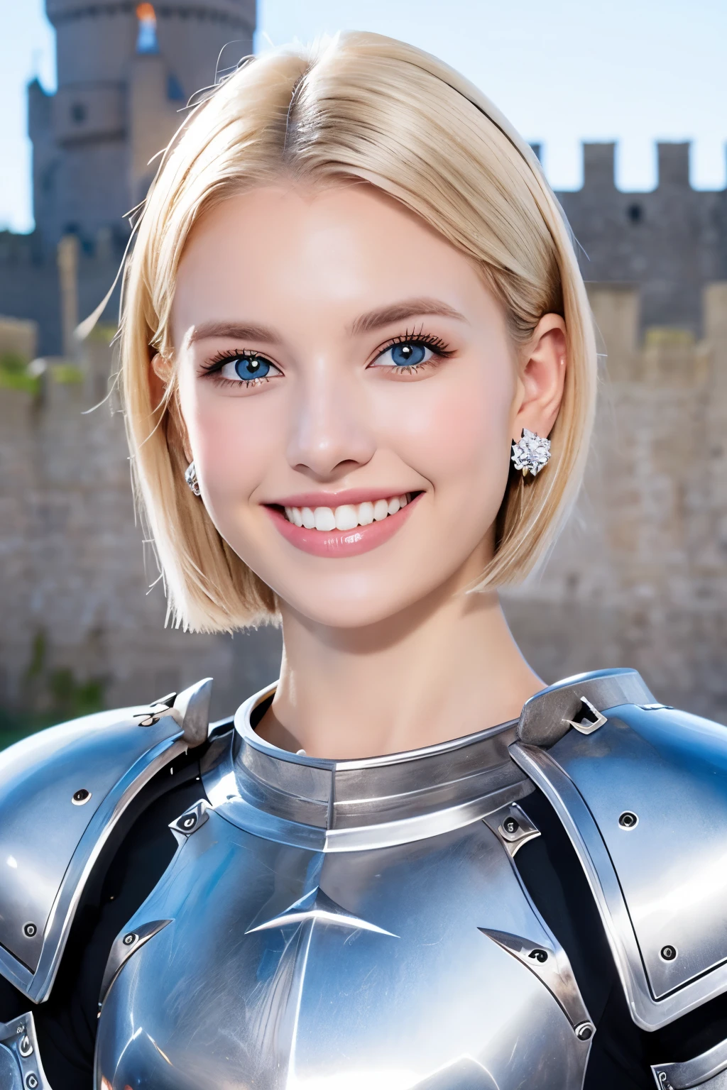 8K、highest quality、female knight、Luxurious Silver Armor、、hairstyle short cut、smile、Beautiful Teeth、Full body photo、ear piercing、blonde、White woman、blue eyes、Heavy makeup、The background is inside the castle