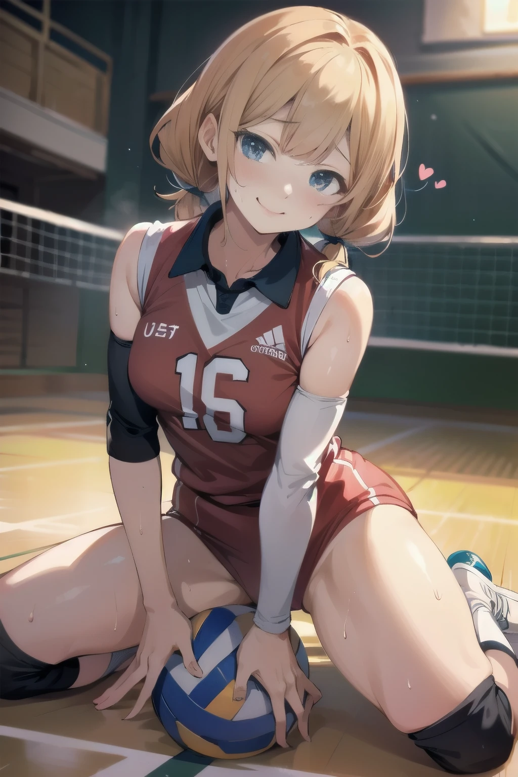 unity 8k wallpaper, anatomically correct, (((masterpiece))), (((best quality))), (((ultra detailed))), (((high-resolution))), ((Ultimate cutie)), perfect hands, perfect finger, (((good ???????))), detailed beautiful face, shiny hair, (((gyaru))), (potbelly), (curvy), ??????????????, ((Thick thighs)), (((solo))), ((seductive smile)), (((blush))), ((embarrassed expression)), (Eyes are heart marks), (heart shaped pupils), ((trembling)), 
BREAK, (((sit astride the perfectly spherical shape 6-inch volleyball))), (((Straddling a perfectly spherical 6" volleyball))), (((Perfectly spherical 6" volleyball fits perfectly ??????))), BREAK, (((Rub the  Perfectly spherical 6" volleyball against ??????))), (????????????), 
BREAK, adidas, (Collared volleyball uniforms), sleeveless, ((buruma)), ((kneepad)), ((??????????? stained)), (elbow pad), (((sweat))), (((covered in sweat))), ((deep breathing)), in Volleyball Court, indoor, lighting,  looking at viewer, full body, (spoken heart)