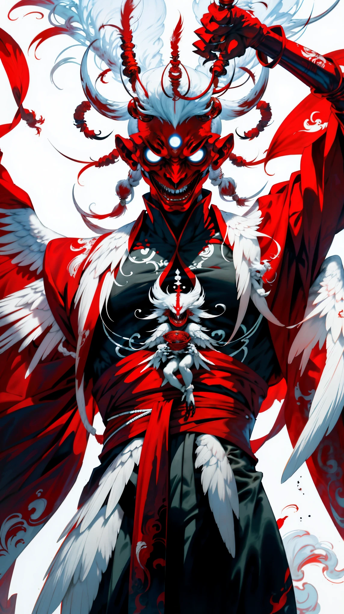 Imposing and terrifying alien tengu, it is 3 meters tall, has red-hot skin, long white hair, angelic white feather wings, and is adorned with a Buddhist monk's outfit, volatile, aggressive and ruthless.