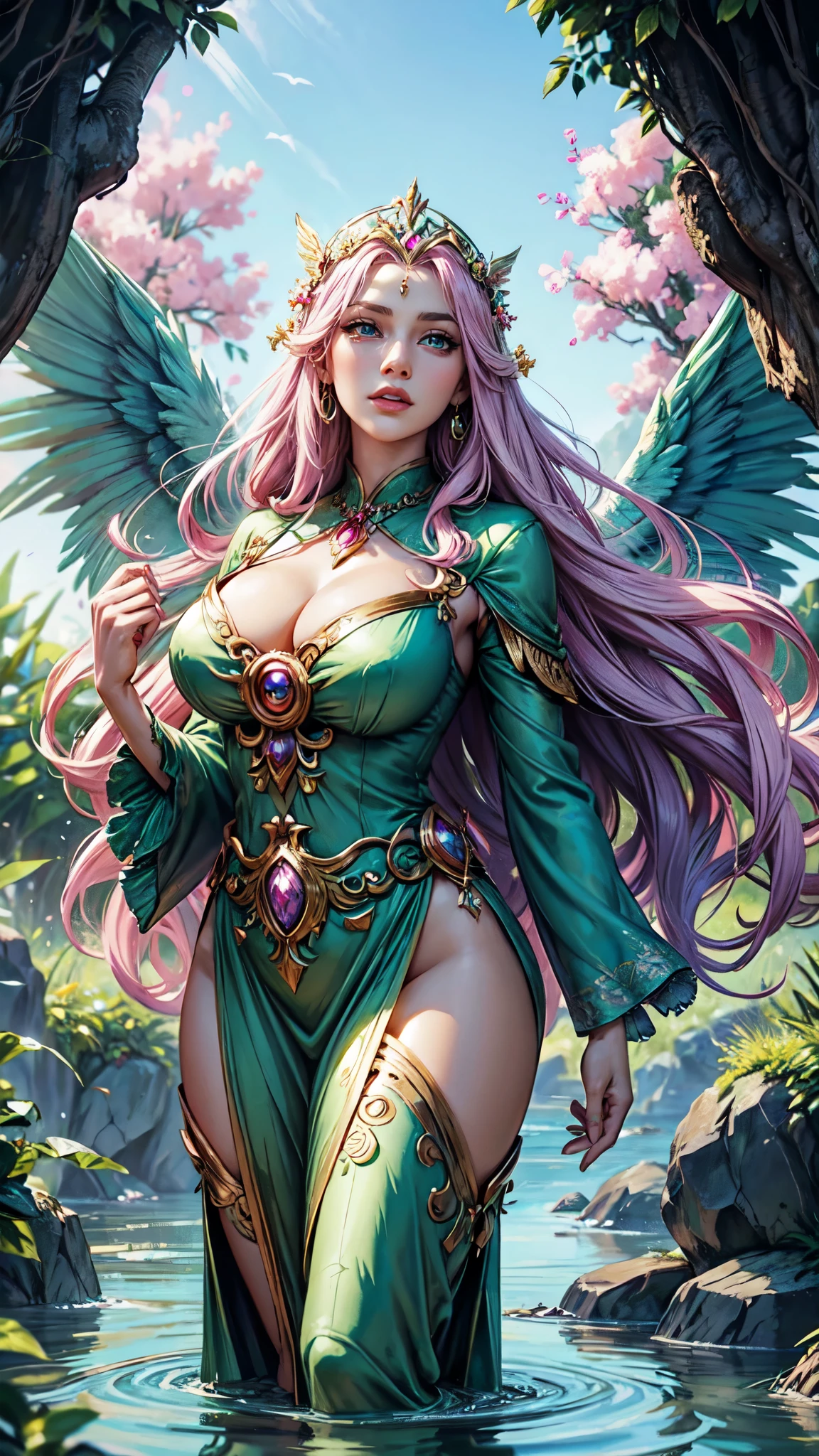 a woman in a green dress with pink wings standing in a river, a beautiful fantasy empress, anime goddess, ((a beautiful fantasy empress)), goddess of nature, beautiful goddess, mystical atlantean valkyrie, fantasy beautiful, of beautiful angel, goddess of beauty, goddess of summer, beautiful adult fairy queen, vibrant fantasy style, majestic wings, xianxia fantasy, detailed face, detailed eyes, detailed hands