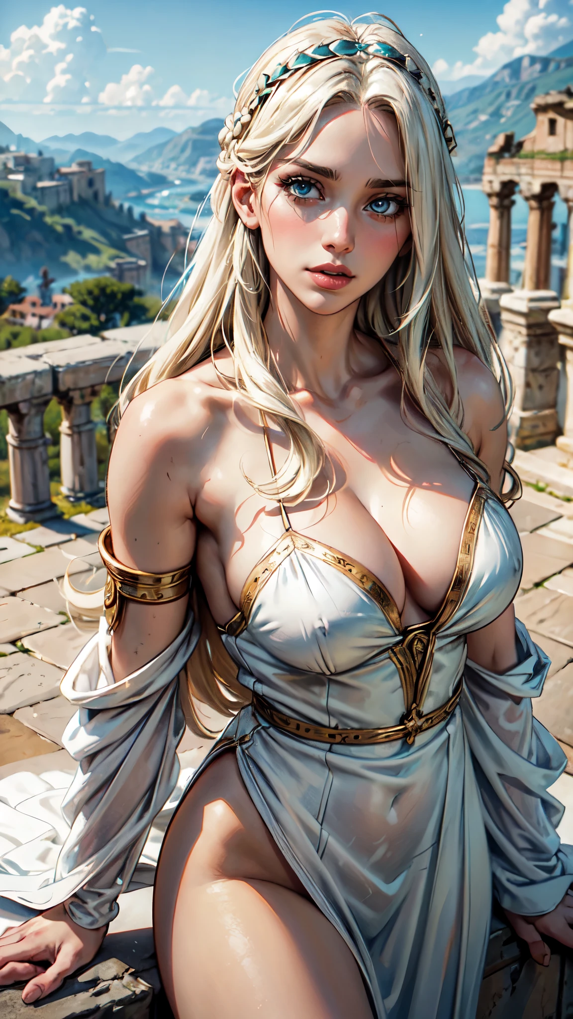 absurderes,A high resolution,ultra - detailed),1woman,a matural female,Older,long whitr hair,blond hairbl,Turquoise eyes,By bangs,longer sleeves,White Greek long dress,Fine eyes and detailed face,Very detailed CG Unity 8k wallpaper,Complicated details,Overlooking, solo, The upper part of the body, Detailed face, A determined expression, Bronze Age, (Ancient Roman theme:1.1), Roman mythology, Ancient Roman height, Roman Republic, Pompey, Aqueduct, the god of war, White Jane Nail, ancient themes, (Prosperous Civilization:1.1), Original white marble, (intact:1.1) mediterranean vista, valley in the background, majestic atmosphere, Floating bronze particles,, sportrait, The whirlpool of the wind