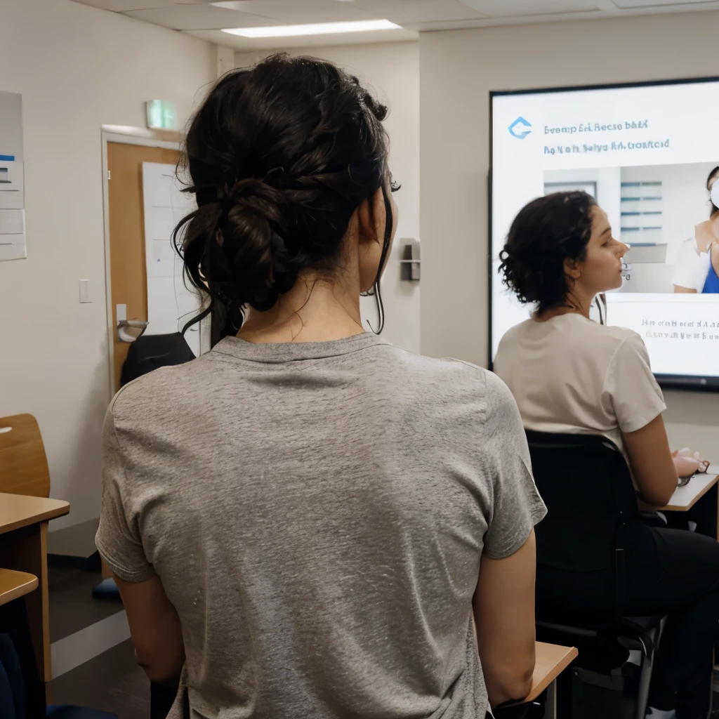 A woman with her back to the camera with her black curly hair tied up, presenting a lecture at a health center in which he does not show his face