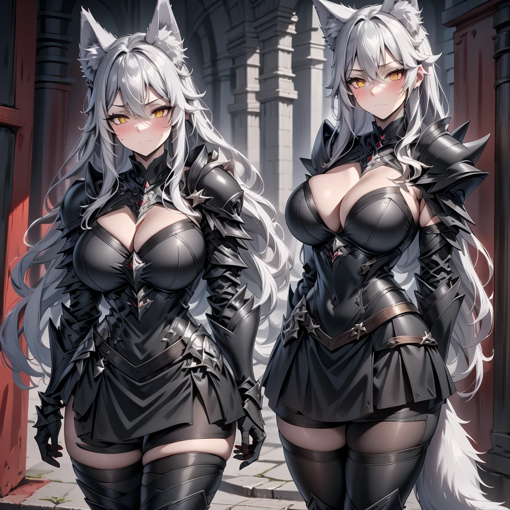 Sole girl, full body portrait, 8K, tall beautiful young werewolf woman wearing black metal armor, fluffy wolf ears, white pale skin, smooth skin, especially detailed face, masterpiece, ultra detailed, best quality, highlydetailed face, ultra-detailed face, goth aesthetic wolf tailed girl, athletic body, pale white skin, big breasts, curvy, busty, long hair, gray-silver hair, a young woman, wolf ears, long wolf tail, fluffy wolf tail, bright amber eyes, wolf-like irises, beautiful, enchanting, bright yellow eyes, detailed eyes, ultra-detailed eyes, accurate eyes, detailed irises, correct body proportions, elegant, small vertical scar under right eye, small rosy lips, closed mouth, cute canines, wolf fangs, pretty hands, detailed hands, slight blush, shy smile, black metal armor, black top, black bike edgp shorts below a skirt, detached sleeves, two piece armor, black and red armor, metal chest armor, armored bike long shorts, silver armored jacket, silver metallic ornaments, toned abs, exposed belly, standing pose, angry blushed expression, wild warrior vibes