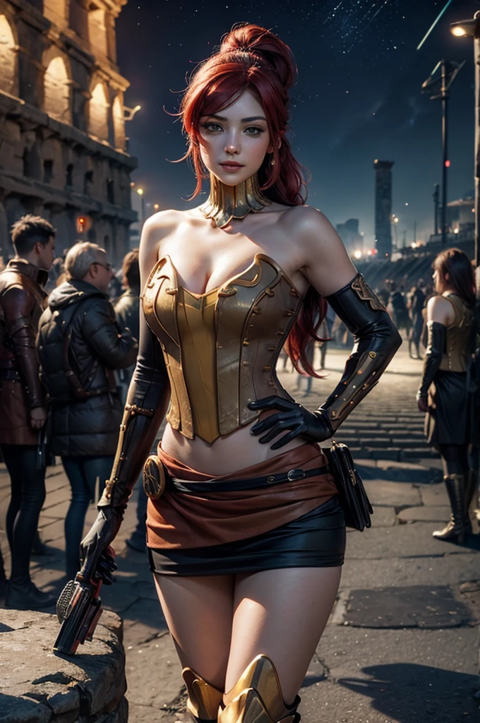 stunning girlfriend, heart shaped face, elegant face, beautiful face, highly detailed face, highly detailed skin, skin pores, subsurface scattering, realistic pupils, full lips, detailed background, depth of field, atmospheric perspective, volumetric lighting, sharp focus, absurdres, realistic proportions, good anatomy, (realistic, hyperrealistic:1.4), 16k hdr, ((best quality)), ((highly detailed)), absurdres, (detailed eyes, deep eyes), (1girl), full body, pyrrha nikos, rwby, red hair, ponytail, green eyes, medium breasts, smiling, circlet, bustier, bare shoulders, skirt, elbow gloves, bracers, armored boots, hands on hips, (night, stars, inside Colosseum, crowd, (crowd wearing traditional Greek clothing))