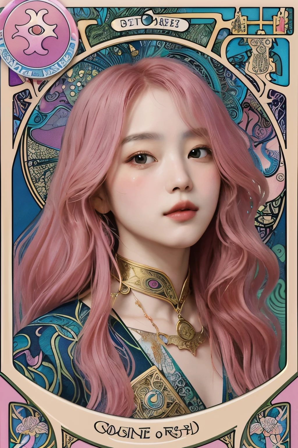 ((masterpiece:1.2, best quality)), very detailed, Ultra-precise depictions, very detailed 묘사, (Zentangle:1.2), (dynamic pose), (abstract background:1.5), wavy long hair, pink hair, 1 woman, fancy, portrait, Alphonse Mucha, art nouveau,
 (tarot card style:1.3),  A unique tarot card framework combining gold elements., Clothes with gradients,