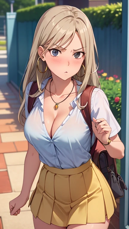 masterpiece, best quality, high resolution, UHD, RTX, pixel perfect, depth of field, 4k, highly detailed, 1 girl, single, solo, beautiful anime girls, beautiful art style, anime characters, long hair, open bangs, middle hair bangs part, dark blonde hair, black eyes:1.4, round eyes, beautiful eyelashes, realistic eyes, detailed face, blush:1.2, fine texture:0.75, realistic texture:0.65, photorealistic:1.1, CG anime style, bright color, breasts medium, cleavage, busty, dynamic angle, perfect body, POV, dynamic pose, looking at the viewer, wearing high , school short skirt, backpack, 1 diamond necklace, hoop earrings, pouting, tsundere, shy, garden entertainment, leaning forward