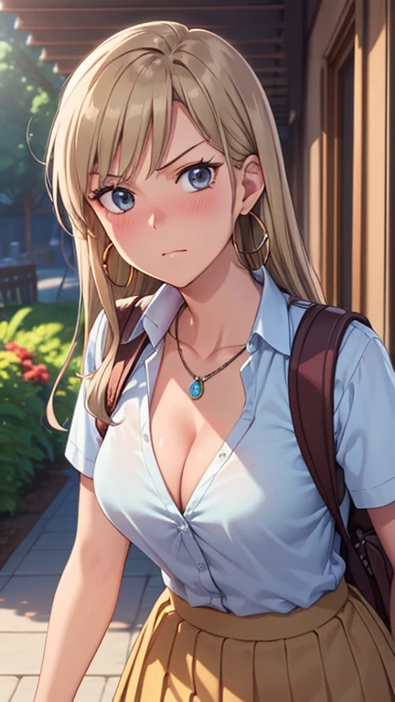 masterpiece, best quality, high resolution, UHD, RTX, pixel perfect, depth of field, 4k, highly detailed, 1 girl, single, solo, beautiful anime girls, beautiful art style, anime characters, long hair, open bangs, middle hair bangs part, dark blonde hair, black eyes:1.4, round eyes, beautiful eyelashes, realistic eyes, detailed face, blush:1.2, fine texture:0.75, realistic texture:0.65, photorealistic:1.1, CG anime style, bright color, breasts medium, cleavage, busty, dynamic angle, perfect body, POV, dynamic pose, looking at the viewer, wearing high , school short skirt, backpack, 1 diamond necklace, hoop earrings, pouting, tsundere, shy, garden entertainment, leaning forward