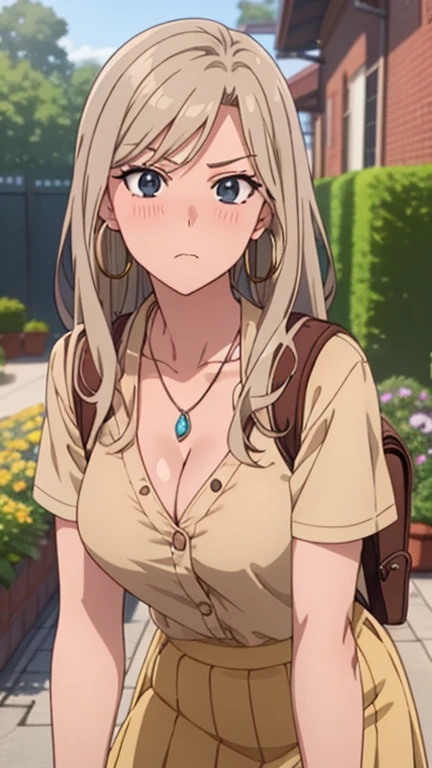 masterpiece, best quality, high resolution, UHD, RTX, pixel perfect, depth of field, 4k, highly detailed, 1 girl, single, solo, beautiful anime girls, beautiful art style, anime characters, long hair, open bangs, middle hair bangs part, dark blonde hair, black eyes:1.4, round eyes, beautiful eyelashes, realistic eyes, detailed face, blush:1.2, fine texture:0.75, realistic texture:0.65, photorealistic:1.1, CG anime style, bright color, breasts medium, cleavage, busty, dynamic angle, perfect body, POV, dynamic pose, looking at the viewer, wearing high , school short skirt, backpack, 1 diamond necklace, hoop earrings, pouting, tsundere, shy, garden entertainment, leaning forward