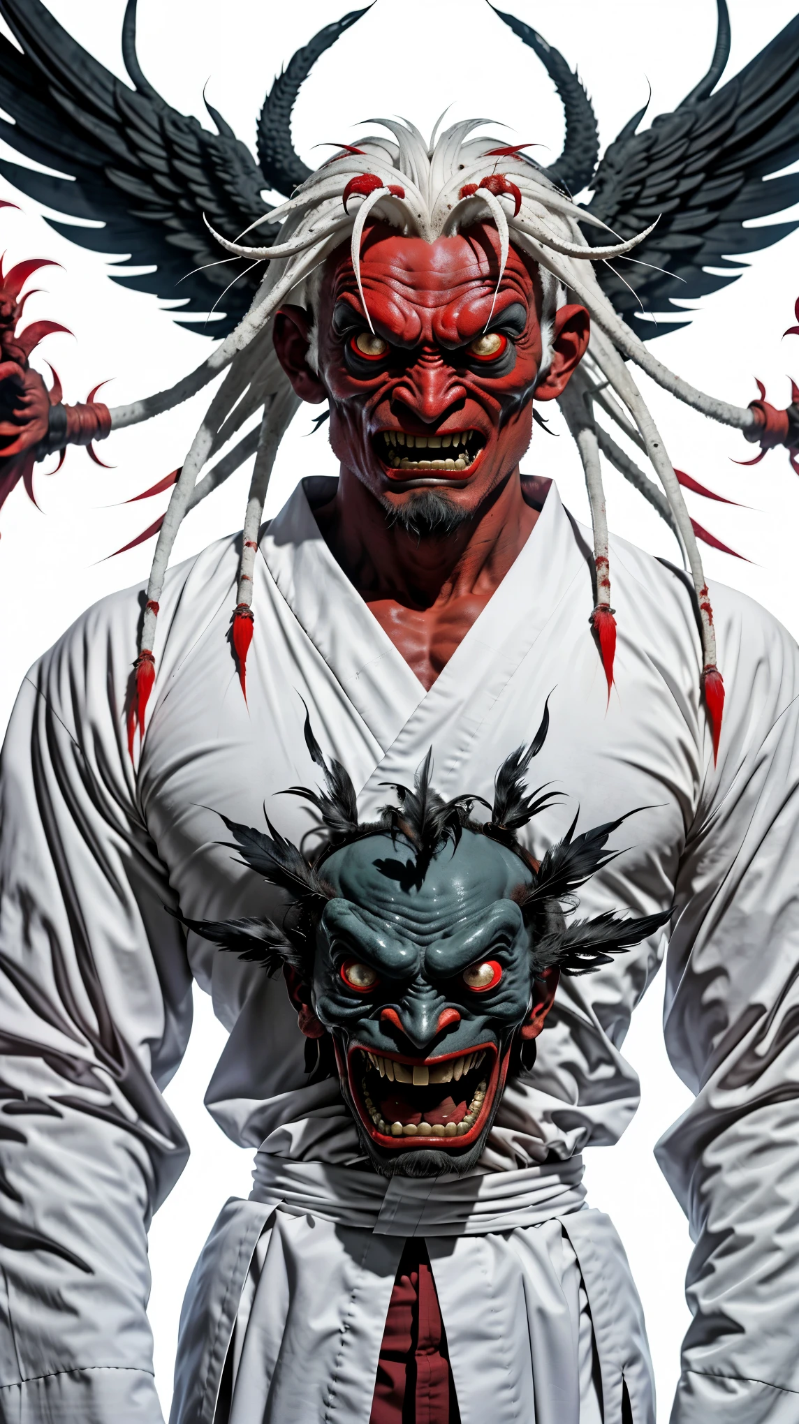 Imposing and terrifying alien tengu, it is 3 meters tall, has red-hot skin, long white hair, angelic white feather wings, and is adorned with a Buddhist monk's outfit, volatile, aggressive and ruthless.