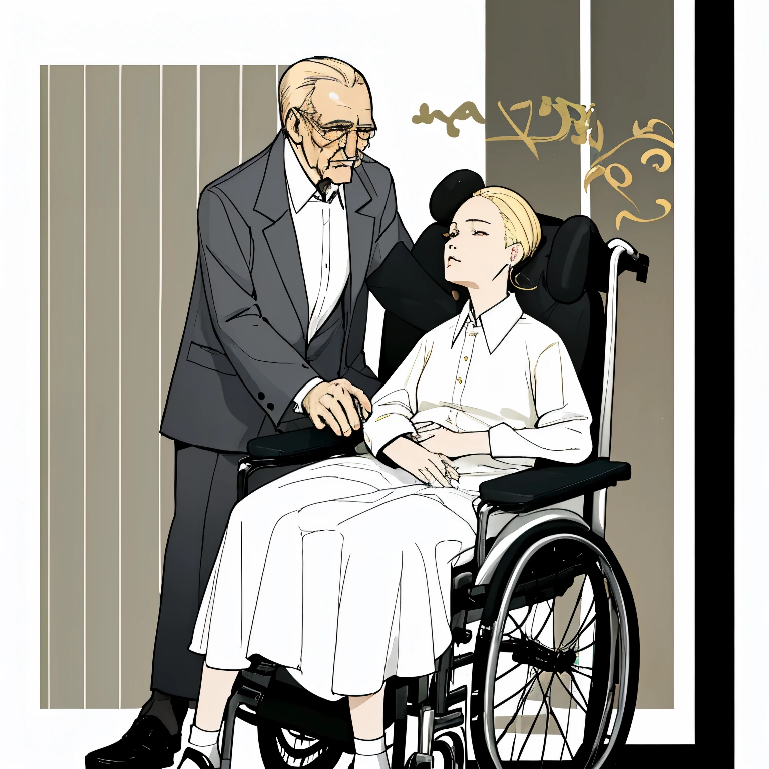 Blonde  with her grandfather sitting in wheelchair