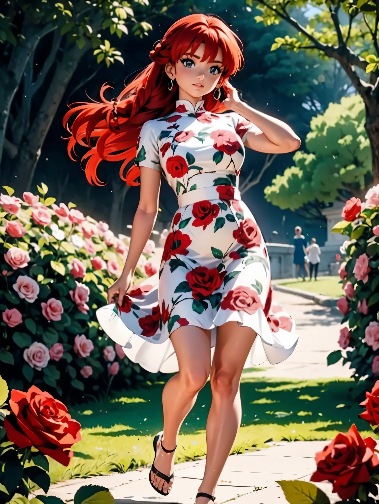 Garota anime ruiva com vestido longo branco com desenho de rosas casamento, saia, *******, corpo bonito, seios grandes, with hands behind head, running your hands through your hair, Garota sexy, red hair with braid , beautiful lighting, sombras suaves, olhos azuis, pernas bonitas, hair with braid, estilo anime, Ranma Chan, Autora Rumiko Takahashi, Baseado em obra de Rumiko Takahashi, Anime Ranma 1/ 2, decote sexy, quadril robusto, corpo inteiro, corpo inteiro, busto grande, garota jovem com corpo belo e bonito, sandals on his feet, garota ******* jovem baixa estatura, usando vestido longo branco com desenhos de rosas, estampa florida, vestido com arte florida de rosas, garota anime, estilo anime, beautiful feet in sandals, 45° viewing angle, ao ar livre, vestido com estampa florida rosas, rose flower print dress