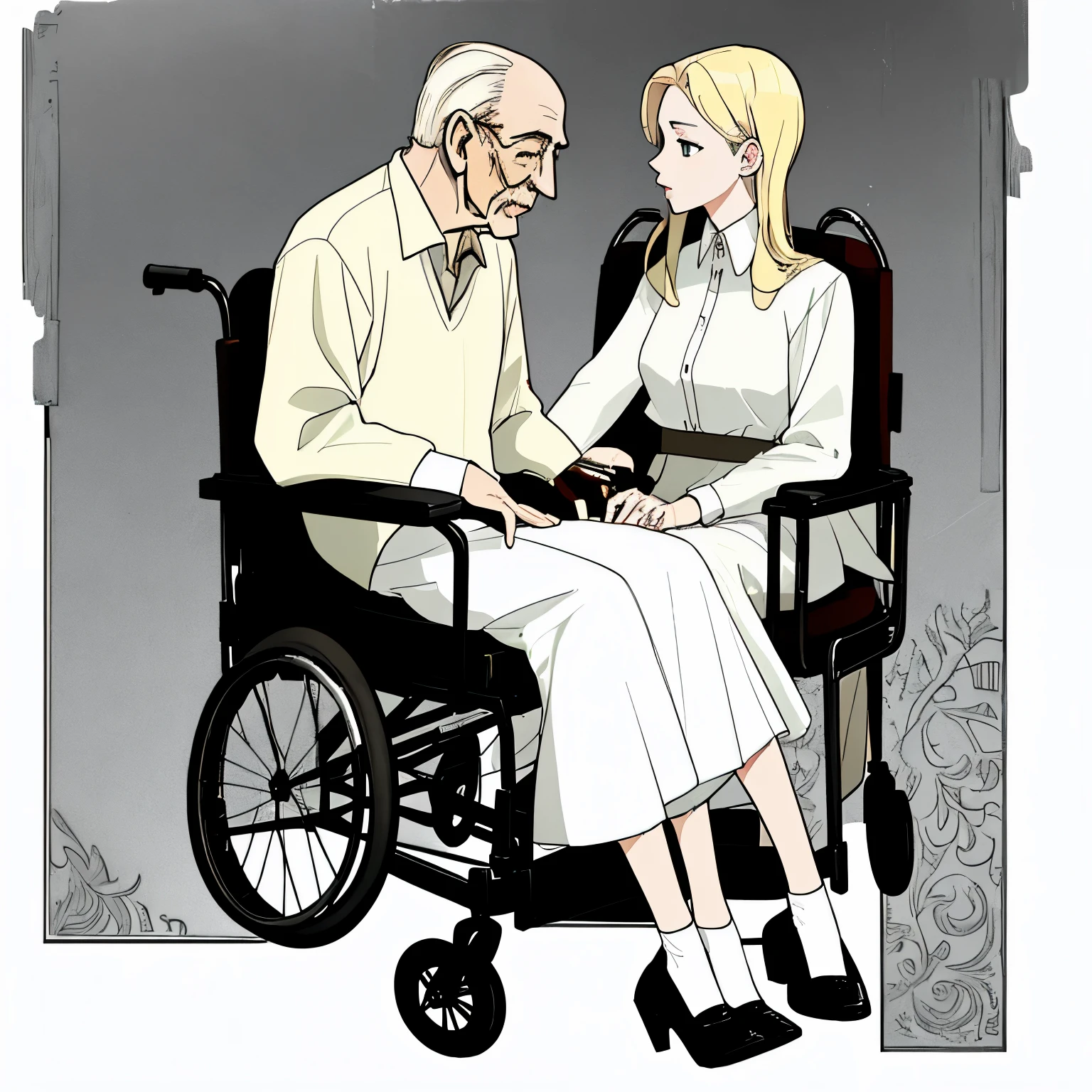 Blonde  with her grandfather sitting in wheelchair