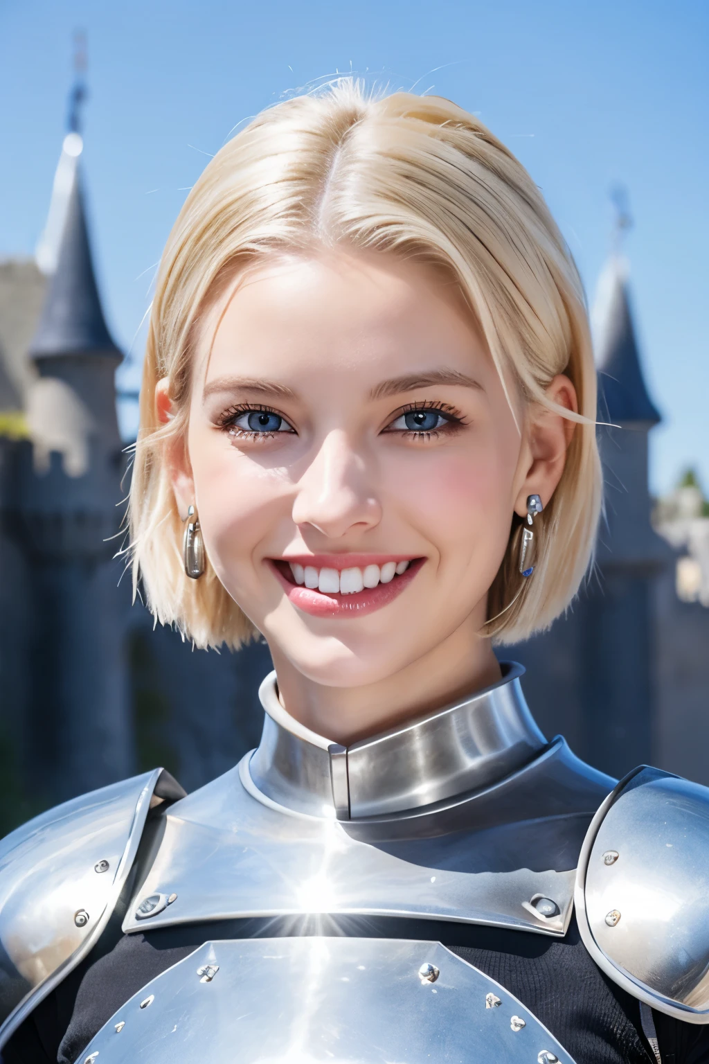 ８Ｋ、highest quality、female knight、Luxurious Silver Armor、、hairstyle short cut、smile、Beautiful Teeth、Full body photo、ear piercing、blonde、White woman、blue eyes、Heavy makeup、The background is inside the castle

