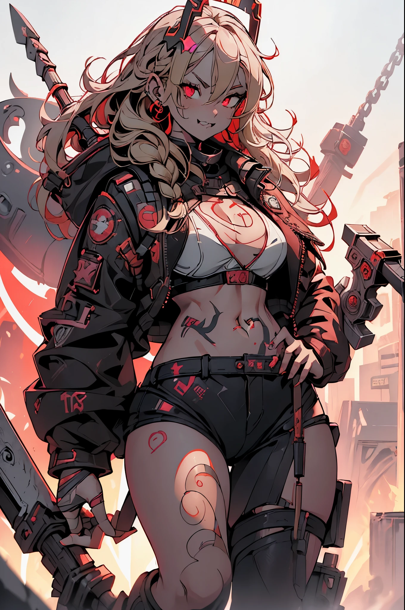 1girl, rebecca \(cyberpunk\), full body, solo, blonde braid hair, glowing red eyes,laugh fearlessly, leg tattoo, neck tattoo, large chest, black bra, thong, red pupils, skin fang, red eyes, black jacket, ((Carrying a big hammer、White background:1.2))、Dynamic Angle、