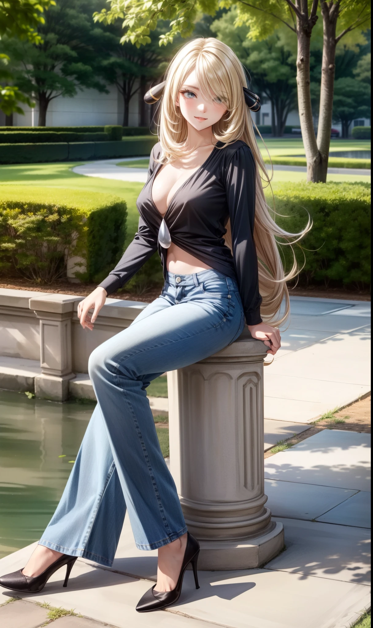 ultra high resolution, (dynamic angle, seductive pose:1.2, sitting), outdoors, park, tree and pond, (legs focus, full body:1.3), (beautiful face, beautiful eyes, beautiful legs), not safe for work, 
1girl, 20 year old, cynthia, blonde hair, wavy hair, (long hair:1.2, very long hair:1.2), hair covering one eye, hair ornament, grey eyes, seductive smile, hard nipples, cleavage, (black top:0.8, long sleeves), skinny, wide hips, thin waist, (jeans pants, flares jeans, blue jeans), black heels