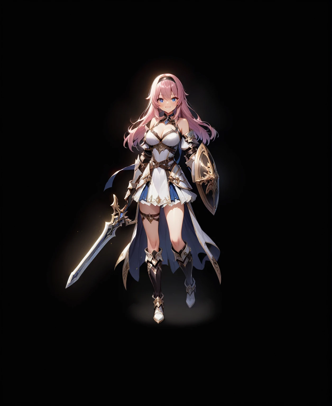 masterpiece, best quality, 1girl, weapon, solo, sword, blue-eyes, long-hair, braid, boots, shield, pink-hair, breasts, twin-braids, smile, open-mouth, cleavage, black-background, choker, large-breasts, full-body, bare-shoulders, looking-at-viewer, simple-background, hairband, blush, armor, gloves, dress, knee-boots, medium-breasts, standing, Perfect face