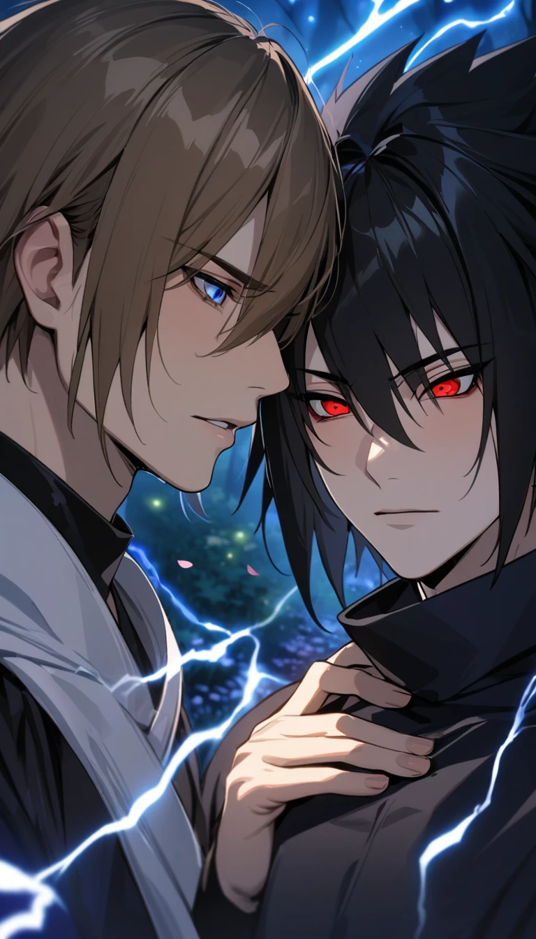 absurdres, highres, ultra detailed, HDR, masterpiece, extremely detailed features, Uchiha Sasuke, expressive red eyes, black hair, hair between the eyes, Naruto Shippuden, Dainsleif, straight brown hair, with bangs, expressive blue eyes, Genshin Impact, 2men together, gay couple, handsome, black ninja clothes, moon, blue lightning, fireflies, petals, flowers