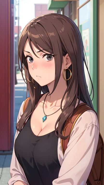 masterpiece, best quality, high resolution, UHD, RTX, pixel perfect, depth of field, 4k, highly detailed, 1 girl, single, solo, beautiful anime girls, beautiful art style, anime characters, long hair, open bangs, middle hair bangs part, dark red hair, black eyes:1.4, round eyes, beautiful eyelashes, realistic eyes, detailed face, blush:1.2, fine texture:0.75, realistic texture:0.65, photorealistic:1.1, CG anime style, bright color, breasts medium, cleavage, busty, dynamic angle, perfect body, POV, dynamic pose, looking at the viewer, wearing high , backpack, 1 diamond necklace, hoop earrings, pouting, tsundere, shy, class, leaning over front