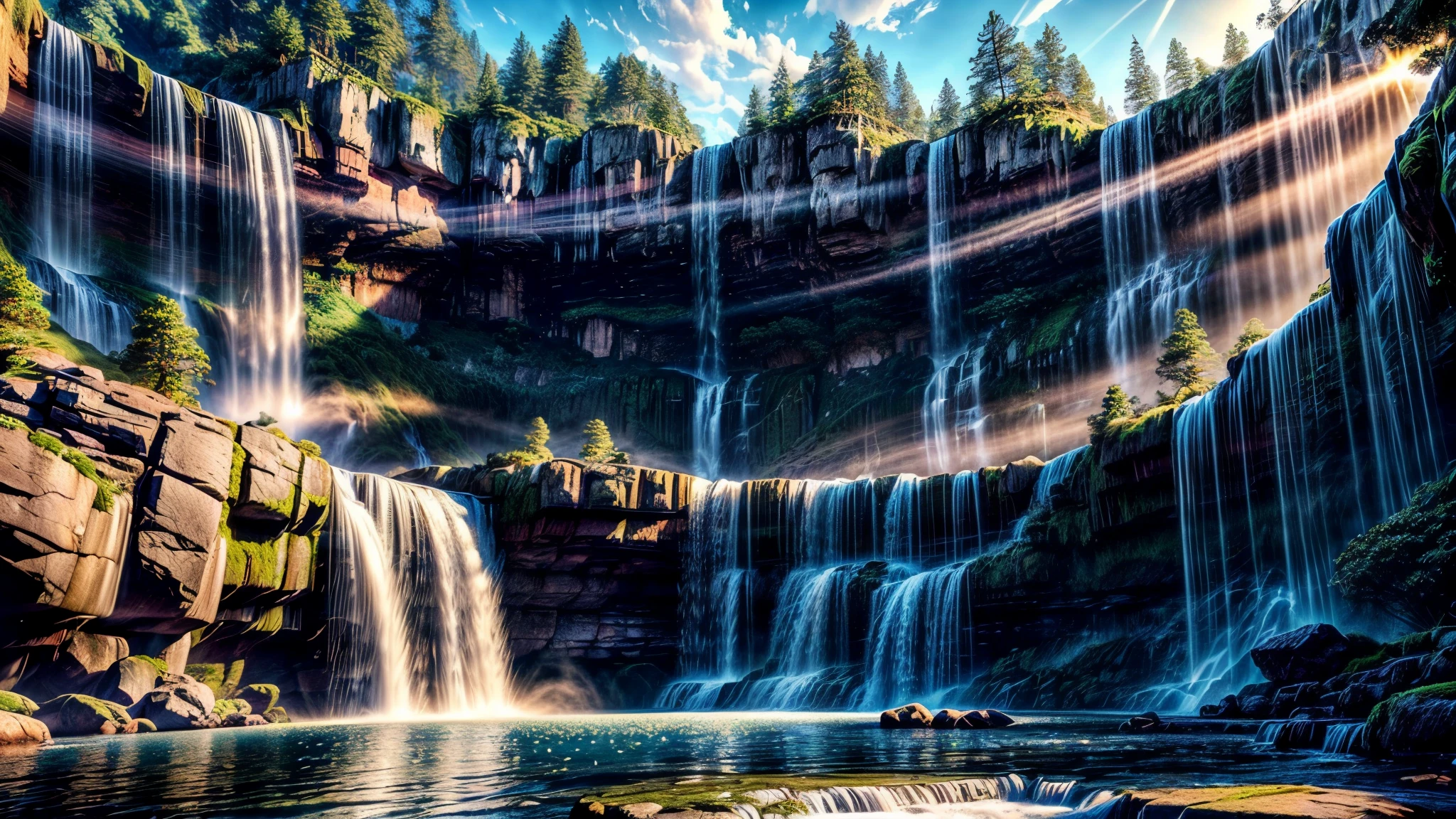 beautiful high waterfall, Slight fog, the lights of a sun, ((8K, Raw-Photo, top quality, masterpiece), Highly detailed RAW color photography, professional photography, (realistic, фотоrealism:1. 37), (top quality), (best shadow), (Best Illustration), realism, ultra high resolution, highly detailed CG wallpaper unified 8K, Physics-based rendering)
