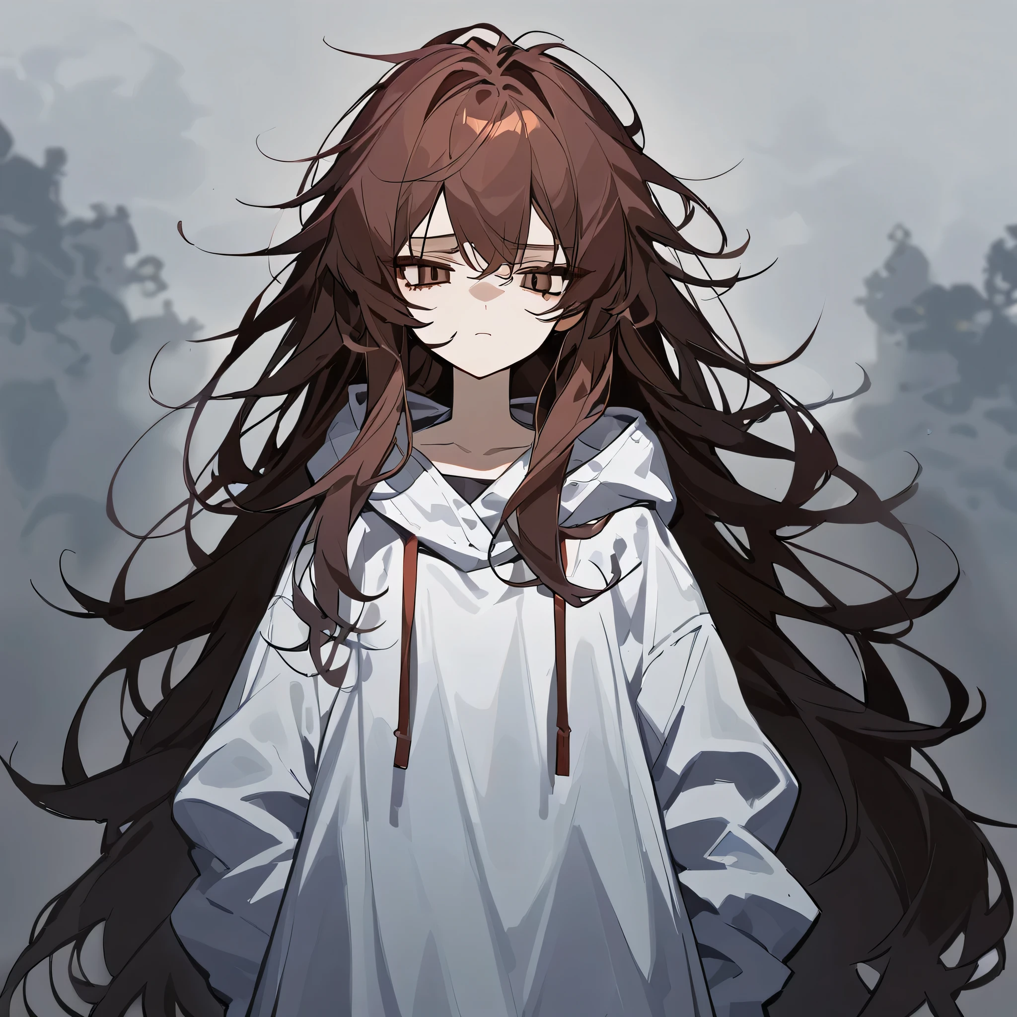 Baggy clothes, messy hair, long hair, gloomy expression, beautiful girl