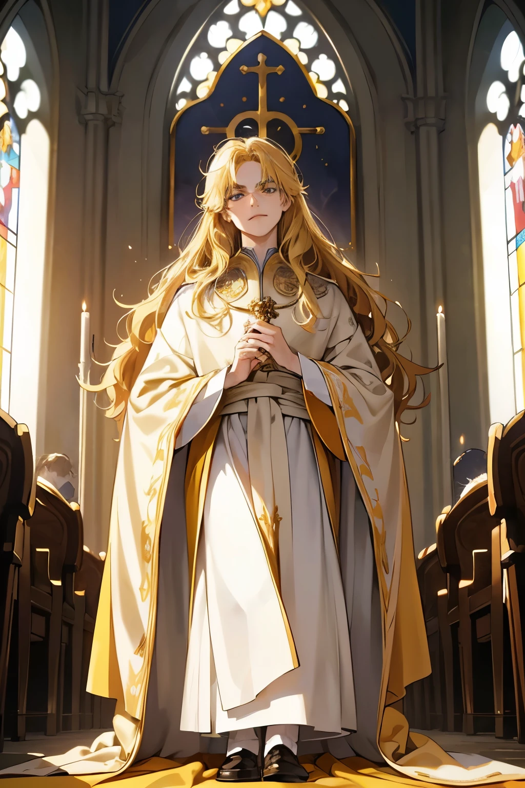 High quality masterpiece, super detailed, super emotion detailed, church, warm colours dramatic lighting, movie scene, anime style, perfect face, clean eyes, Middle Ages, clean emotions, full body! A young holy father with curly blonde hair, in expensive golden robe with purles, he is arrogant, looking with smurk, looking down, pale skin!!! arrogantly smiling