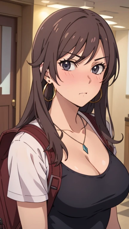 masterpiece, best quality, high resolution, UHD, RTX, pixel perfect, depth of field, 4k, highly detailed, 1 girl, single, solo, beautiful anime girls, beautiful art style, anime characters, long hair, open bangs, middle hair bangs part, dark red hair, black eyes:1.4, round eyes, beautiful eyelashes, realistic eyes, detailed face, blush:1.2, fine texture:0.75, realistic texture:0.65, photorealistic:1.1, CG anime style, bright color, breasts medium, cleavage, busty, dynamic angle, perfect body, POV, dynamic pose, looking at the viewer, wearing high , backpack, 1 diamond necklace, hoop earrings, pouting, tsundere, shy, class, leaning over front