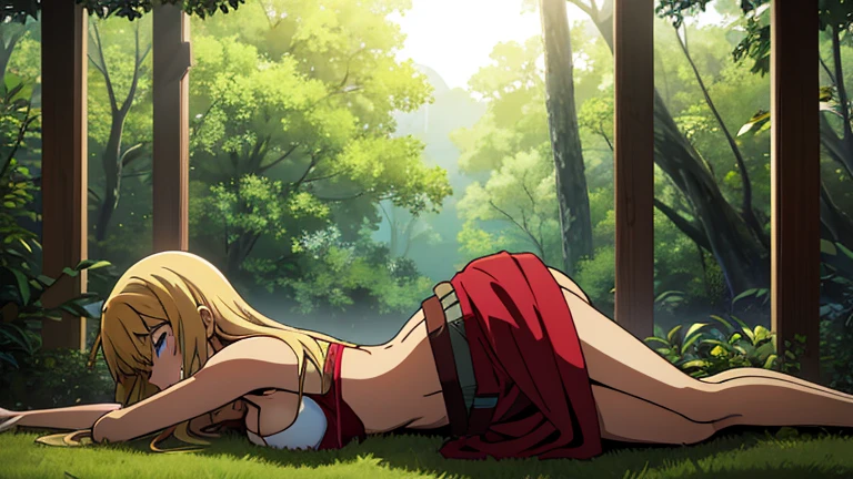 A tanned-skinned anime girl lies despondently on the ground, her hand cradling her abdomen in agony. Her fabric revealing the faint outlines of her ribs. Long sun-kissed locks cascade around her face, concealing it from view. Her despairing expression, etched with lines of hunger and suffering, speaks of a life devoid of sustenance. The sunlight filters through the foliage above, bathing her emaciated figure in a warm, golden glow that accentuates the definition of her bones. She is wearing bikini top that covers her busts and a long skirt, leaving little to the imagination, she lying down on the forest floor with her eyes closed in immense pain and suffering from hunger