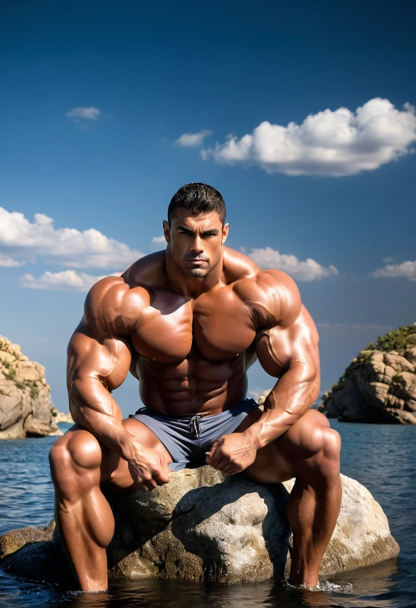 arafed man sitting on a rock in the water with a starr sky in the background, very beautiful. big muscles, muscular men, massive muscles, extremely muscular, absurdly massive physique, gigachad muscular, large muscles, 2 muscular attractive men, huge muscles, by Adam Dario Keel, muscled, exaggeratedly large physique, strong and imposing