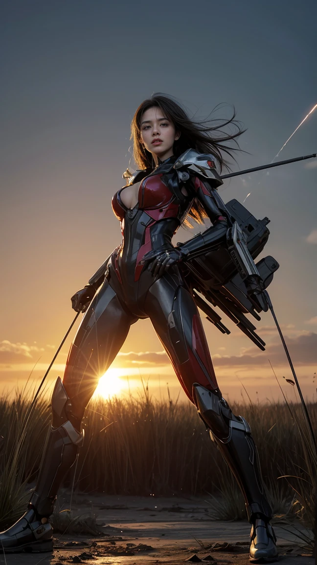 look up perspective，（original photo：1.3），（best quality、8K、Ultra HD resolution：1.1），wasteland，Thick clouds are rotating，smoke，Fierce battle between aircraft in the sky，weed，Dilapidated houses，gravel path，Sunset，Dark Red，（（A girl wearing a mecha battle suit stands on a severely damaged、In front of the badly damaged mecha）），（（The girl&#39;s messy long hair is flying in the wind、Blood、Cleavage）），（嘴角有Blood迹），（Messy long hair flying），（（（機甲上濺滿了Blood））），（Mars splash），（（Broken upper body mecha，Fallen mecha fragments）），（（Slender long legs：1.5）），（The naked wireecha is carefully depicted）），（（（Very detailed））），shot at 8k resolution，gasoline liquid，Fire，(((Missiles streak across the sky)))，weeds，gravel path，explode，splash art，（（dynamic speed line：1.2）），Fine lithography，East（Light Particles：1.2），（game concept：1.3），（Depth of Field:1.3),Global Illumination,Rich in details，Trending on artstation，epic shooting，Movie Lighting，every detail