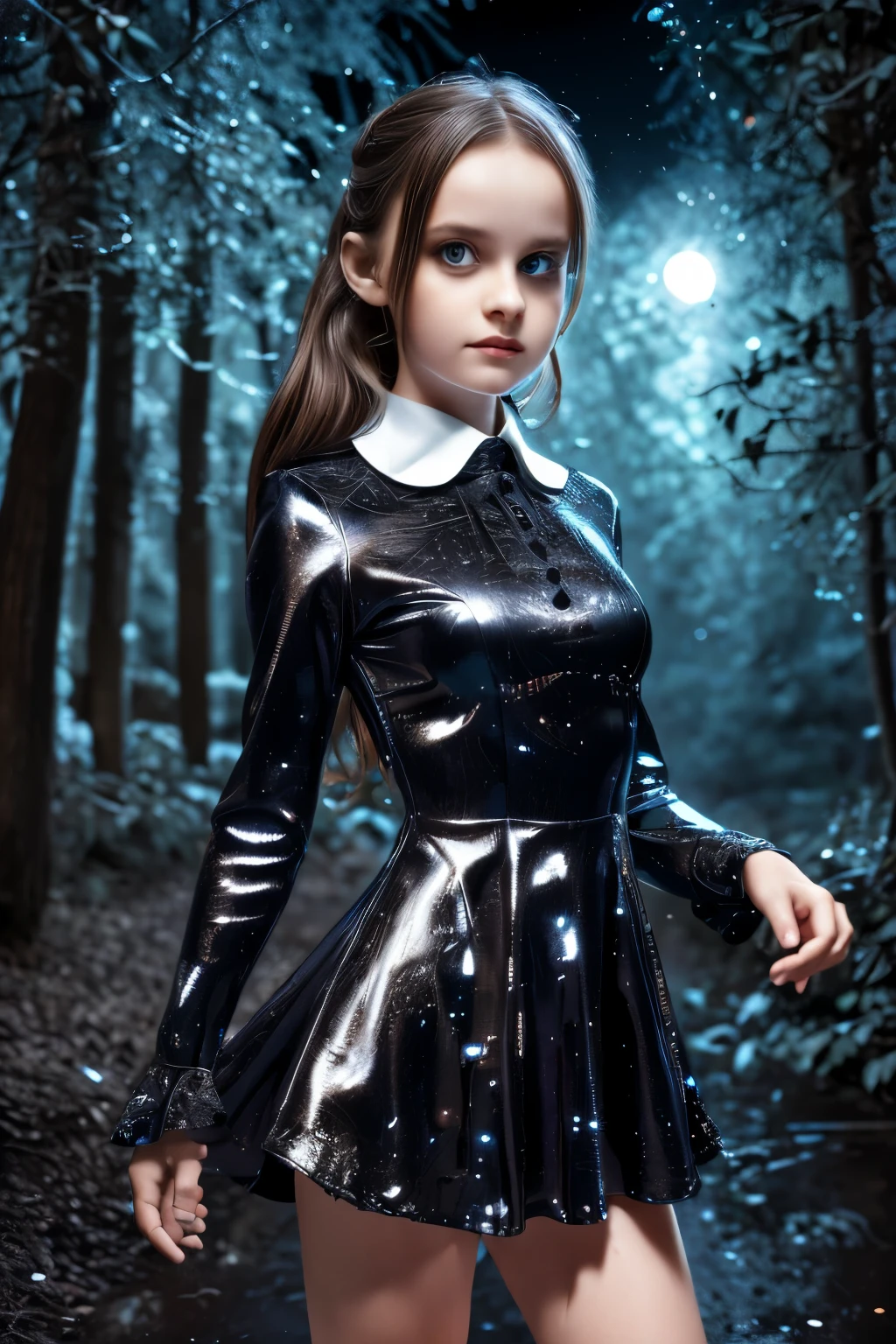 ((Super detailed,ultra high resolution,detailed background)),ancient city,dark forest at night,spooky,Chill,Inspiration,1 girl,wearing a minidress、Wearing a white collared long-sleeved blouse、